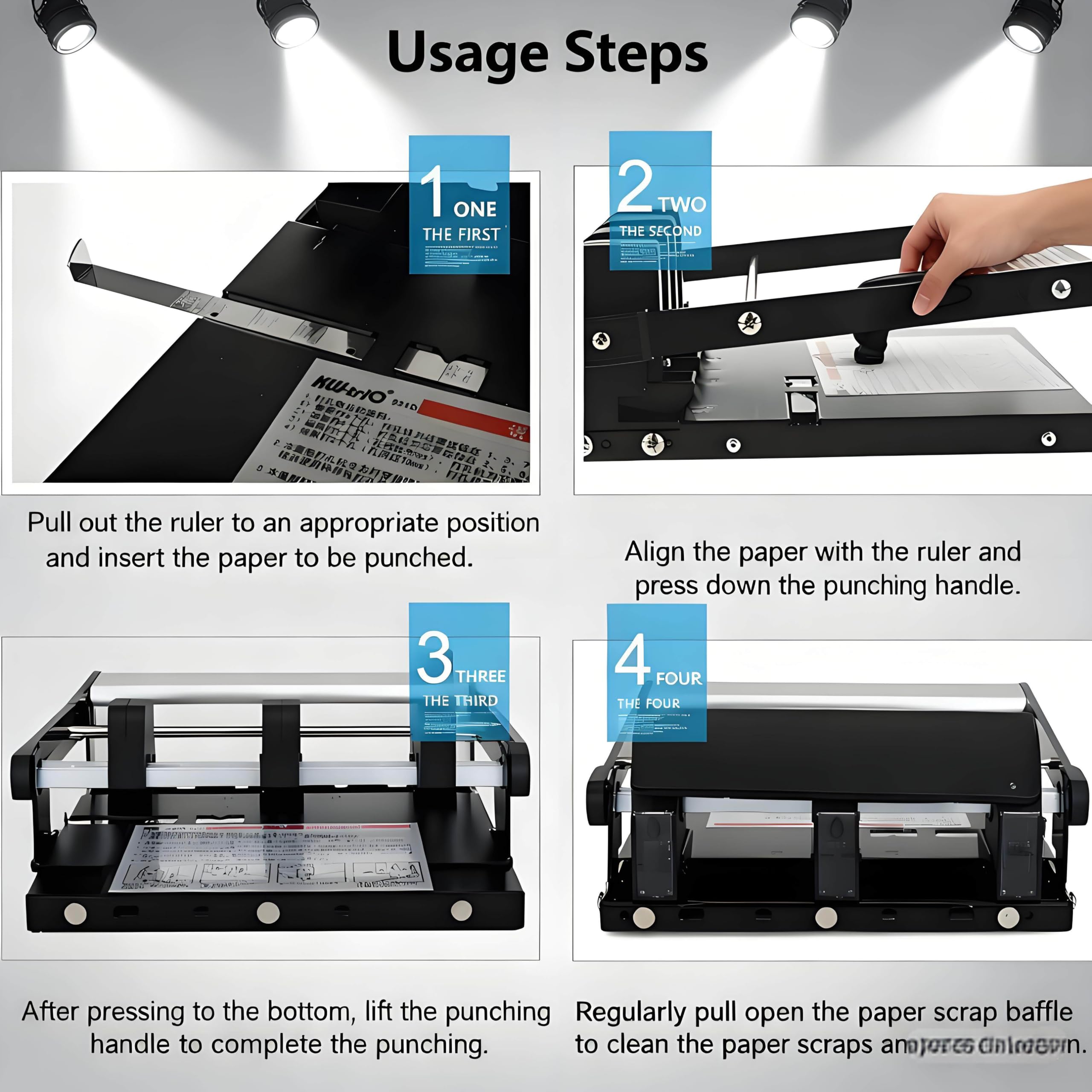 Perforatrice manuale a 4 fori, capacità 140 fogli, per ufficio, casa e scuola, per impieghi gravosi, con distanza regolabile. Threeholes