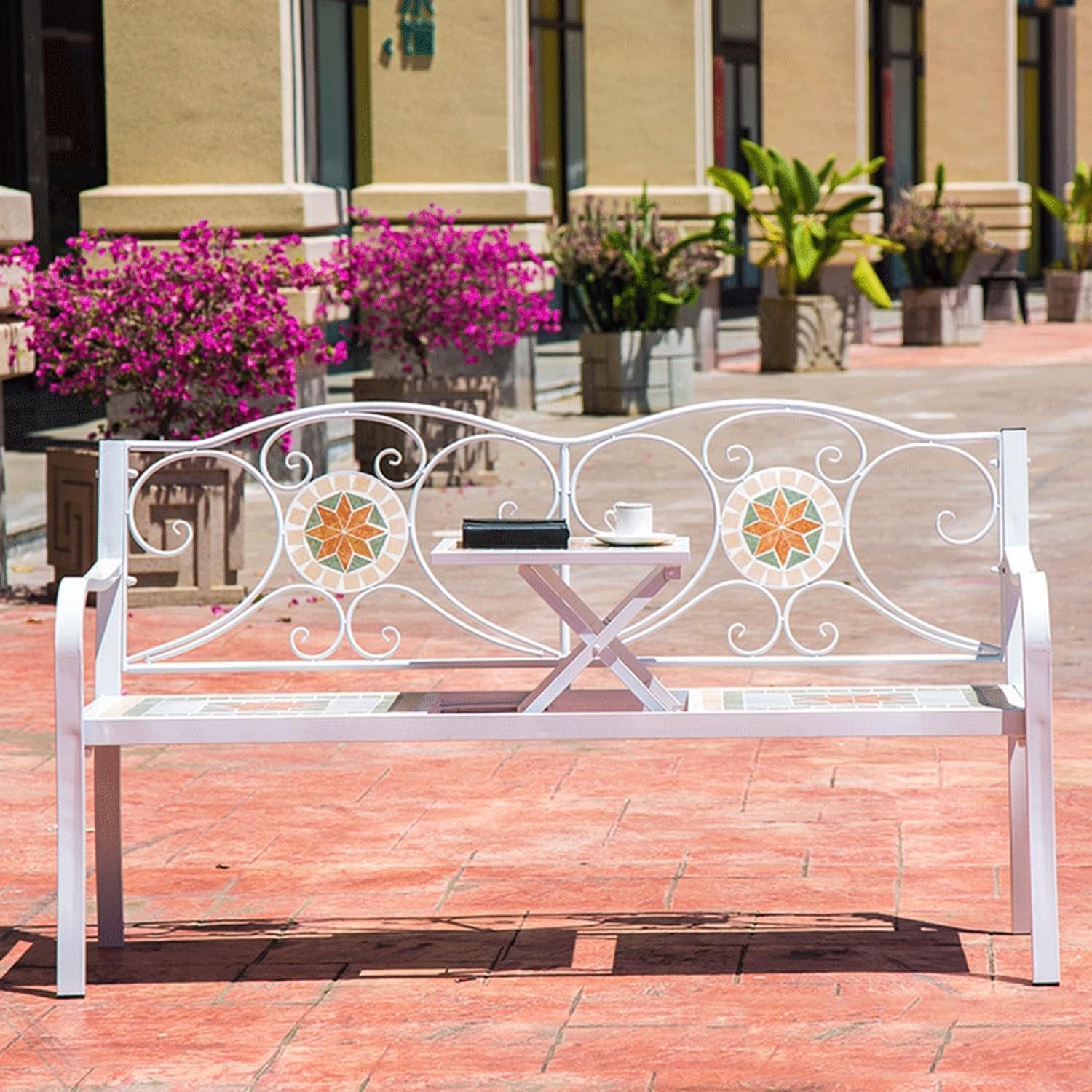 Banco de patio al aire libre Banco de jardín de madera Banco de parque Banco de madera de acacia for piscina Playa Patio trasero Balcón Porche Terraza Jardín Muebles de acero resistente ( Color : Whit