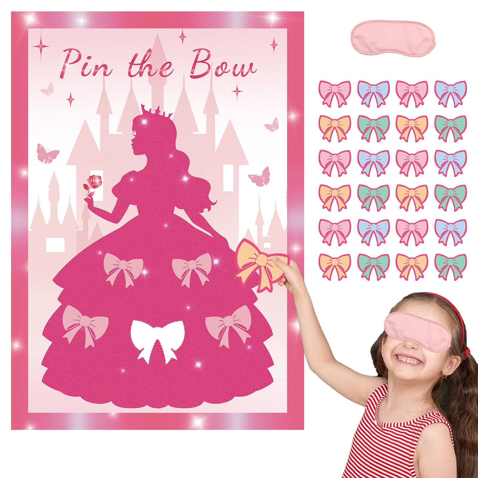 Pin the Bow Partyspiel für Mädchen, Rosa Mädchen Prinzessin Poster mit 24 Schleifen-Aufklebern, Kinder Teens Geburtstag Party Supplies Dekorationen, Sleepover & Dress-Up Aktivität - A2 Poster