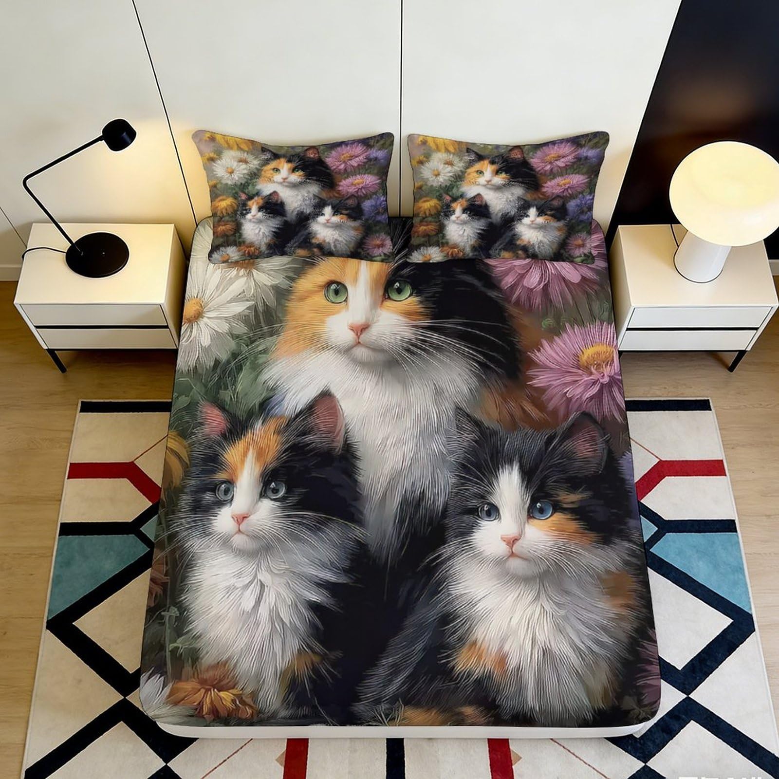 3D Printed Calico Cats Fitted Sheet Microfiber Soft Breathable Floral Bed Cover for Bedroom Dormitory Guest Room Mattress Protection Decor 120x200x25cm