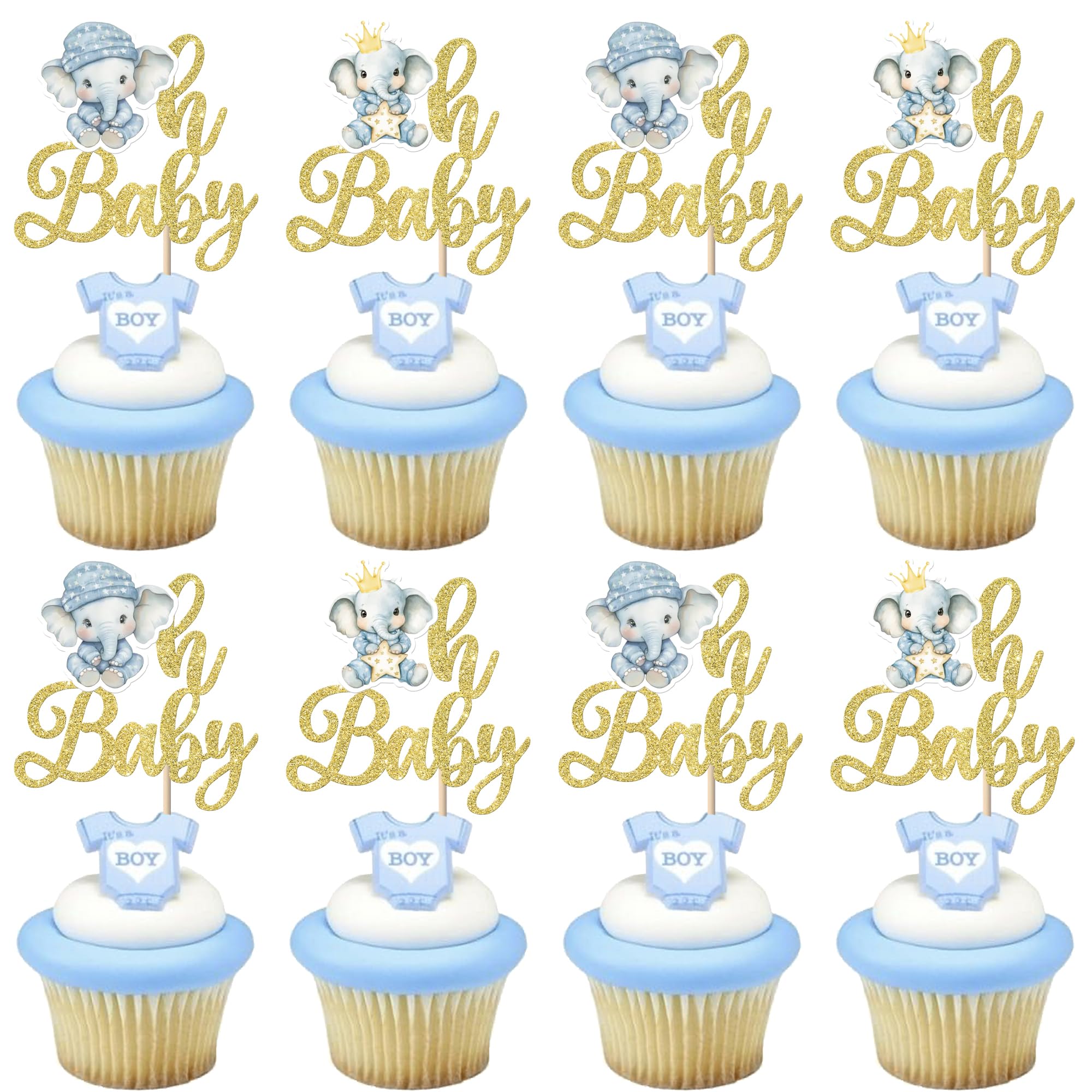 Rsstarxi 30 Pack Elephant Oh Baby Cupcake Toppers Glitter It's a Boy Cupcake Picks Decors for Elephant Theme Gender Reveal Baby Shower Boys Birthday
