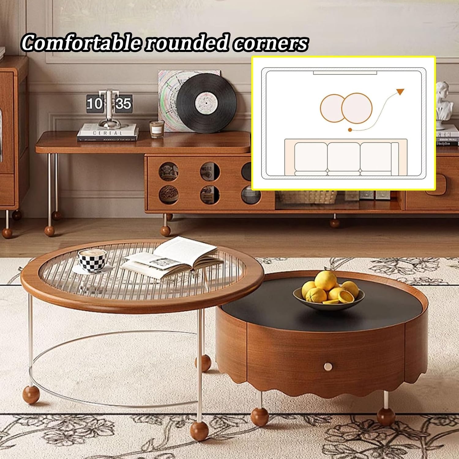 Brown Nesting Coffee Table, Coffee Tables with 2 Storage Drawers, Inlayable Stacking Side Tables Design, with 4 Wood Legs, Wooden Table for Living Room, Balcony