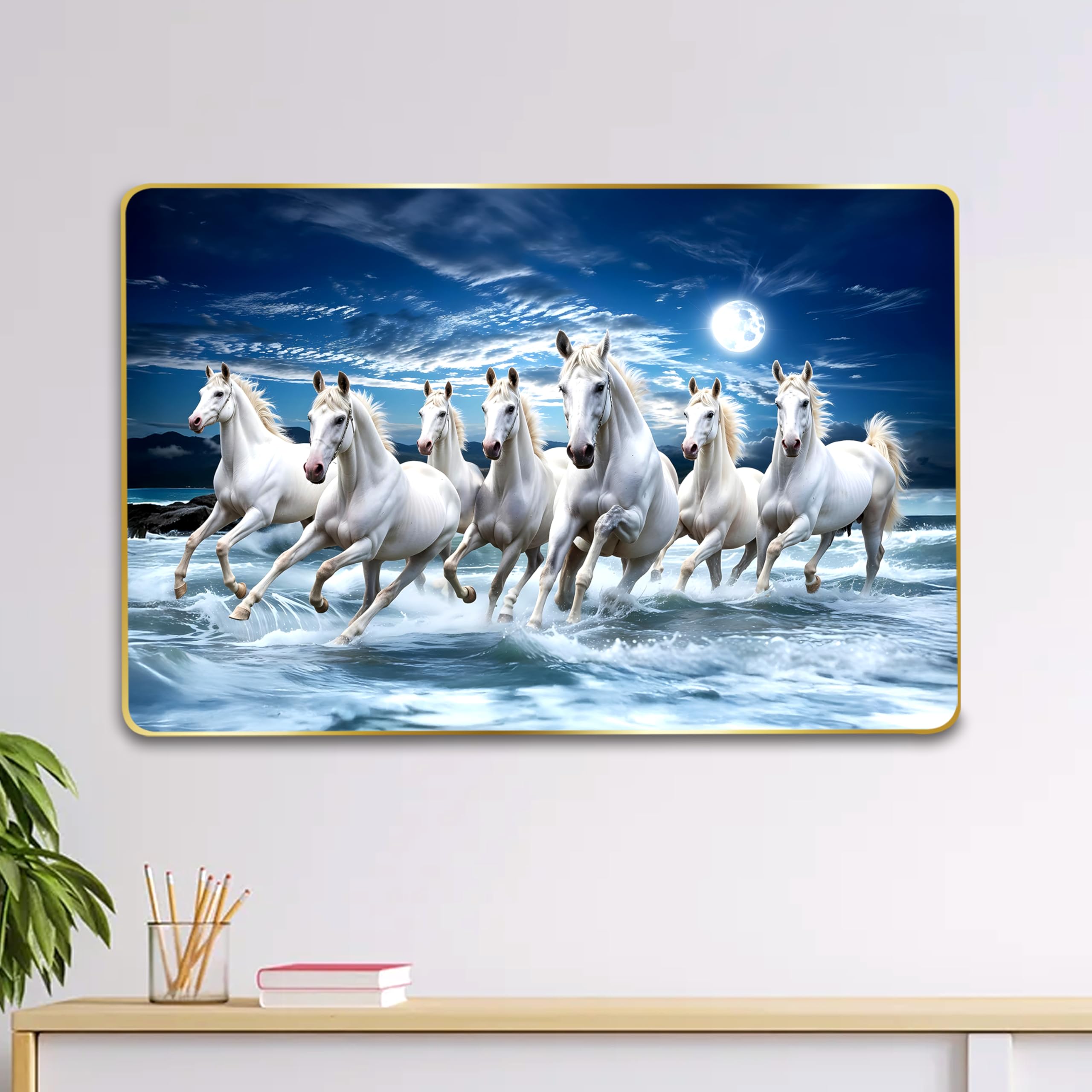 Goelite 7 Horses Realistic Painting With Frame For Wall Vastu | Seven Running Horse Painting For Wall Decor Living Room Decoration | Big Size Photo Frame (18 By 12 Inches, Golden)