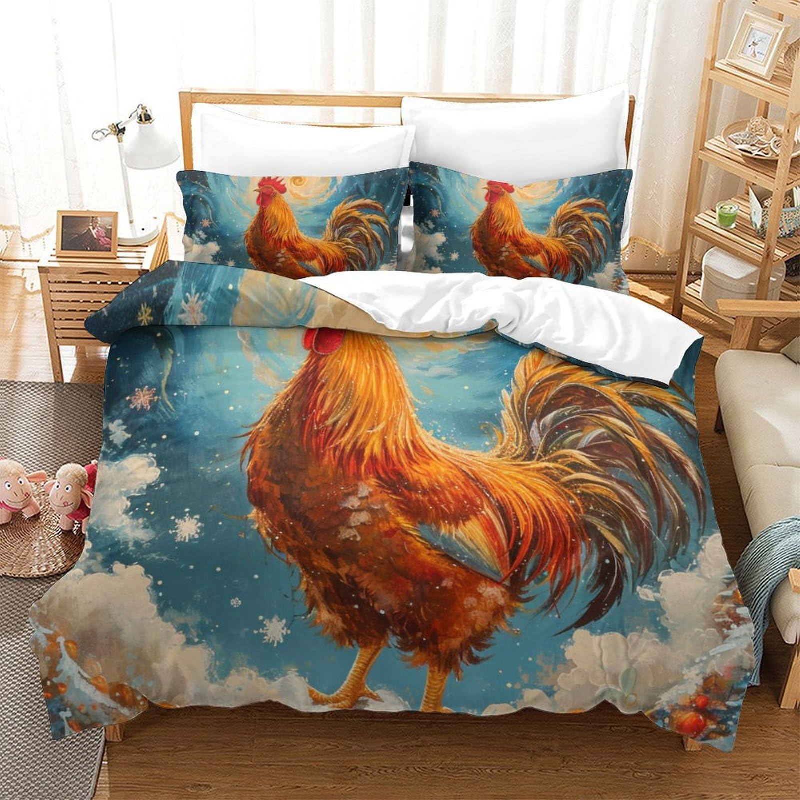 Housse de couette coq fantaisie 260x220 parure lit enfant