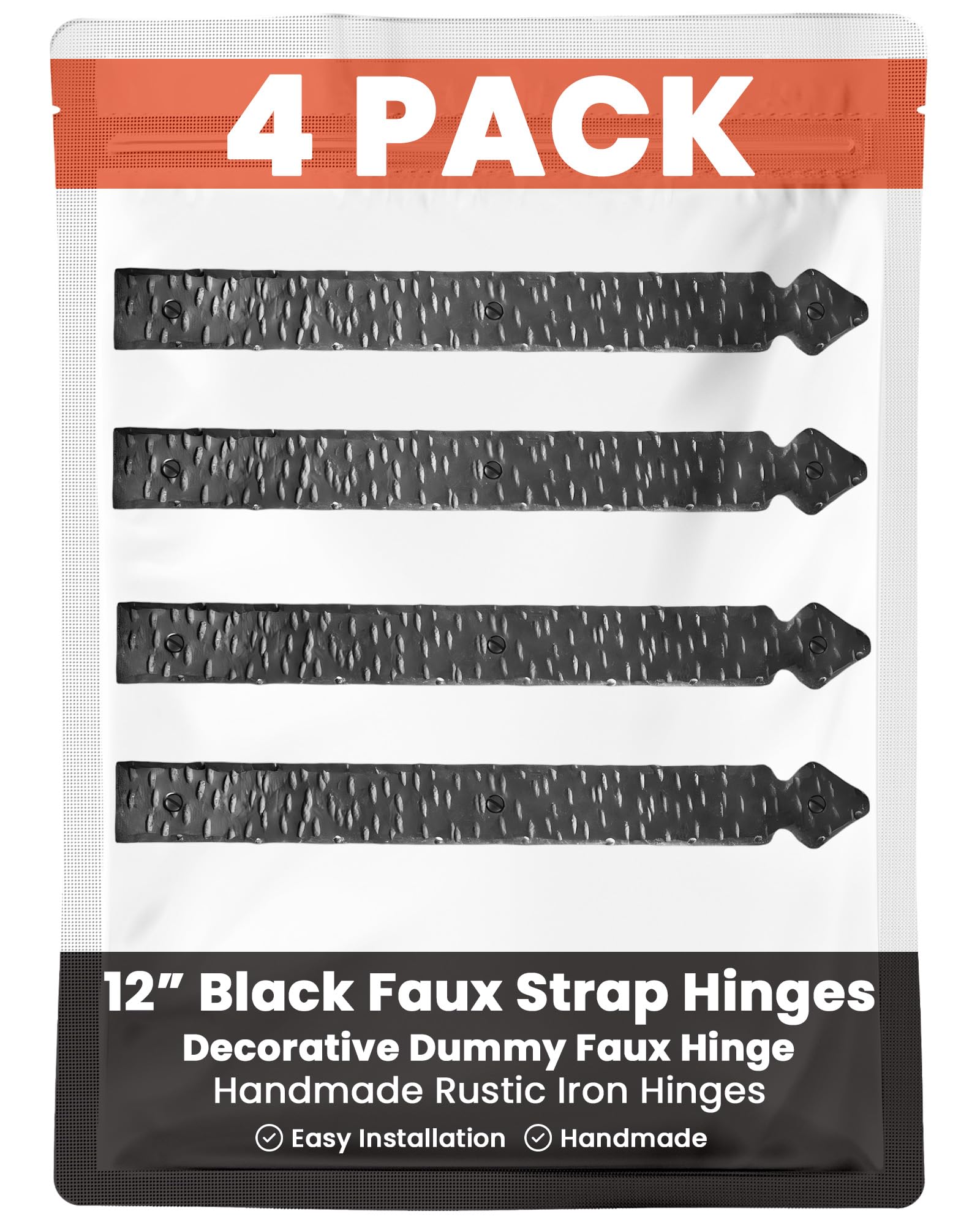 4 Pack 12" Black Faux Strap Hinges - Decorative Dummy Faux Hinge – Handmade Rustic Iron Hinges for Farmhouse Shutter, Carriage Doors, Barn Door,