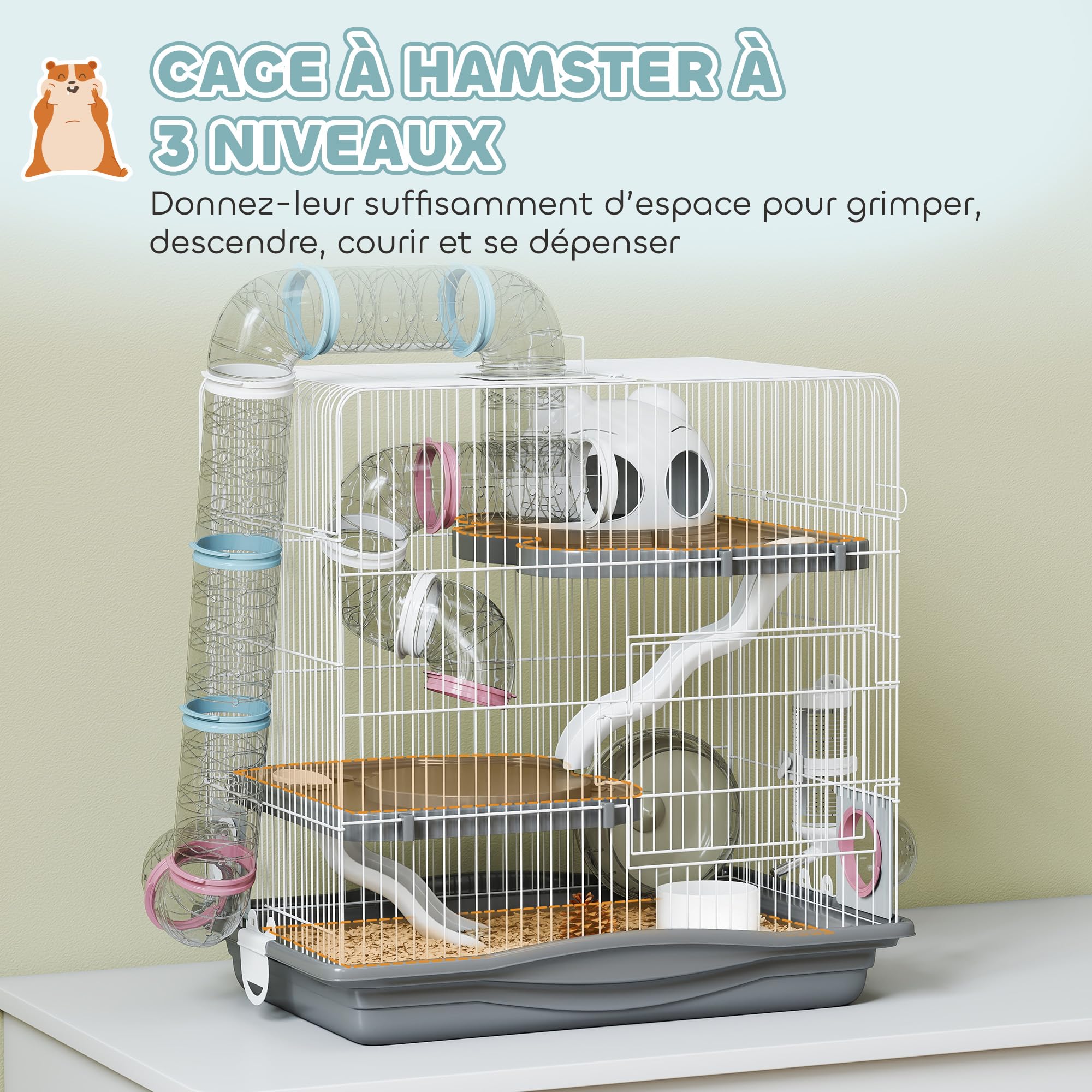 PawHut Cage Hamster, Cage Rongeur à 3 Niveaux, avec Roue d'exercice, Tunnel, gamelle, Niche et Rampe d'accès, pour Hamsters Nains et gerbilles, 45 x 30 x 45 cm, Gris | Cage Rongeur, Roue d'Exercice, Tunnel, Gamelle, Niche, Rampe d'Accès, pour Gerbilles