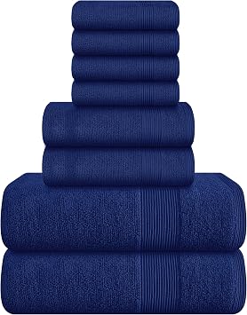 8 Piece Towel Set 100% Ring Spun Cotton, 2 Bath Towels 27x54, 2 Hand Towels 16x28 and 4 Washcloths 13x13 - Ultra Soft Highly Absorbent Machine Washable Hotel Spa Quality - Navy Blue
