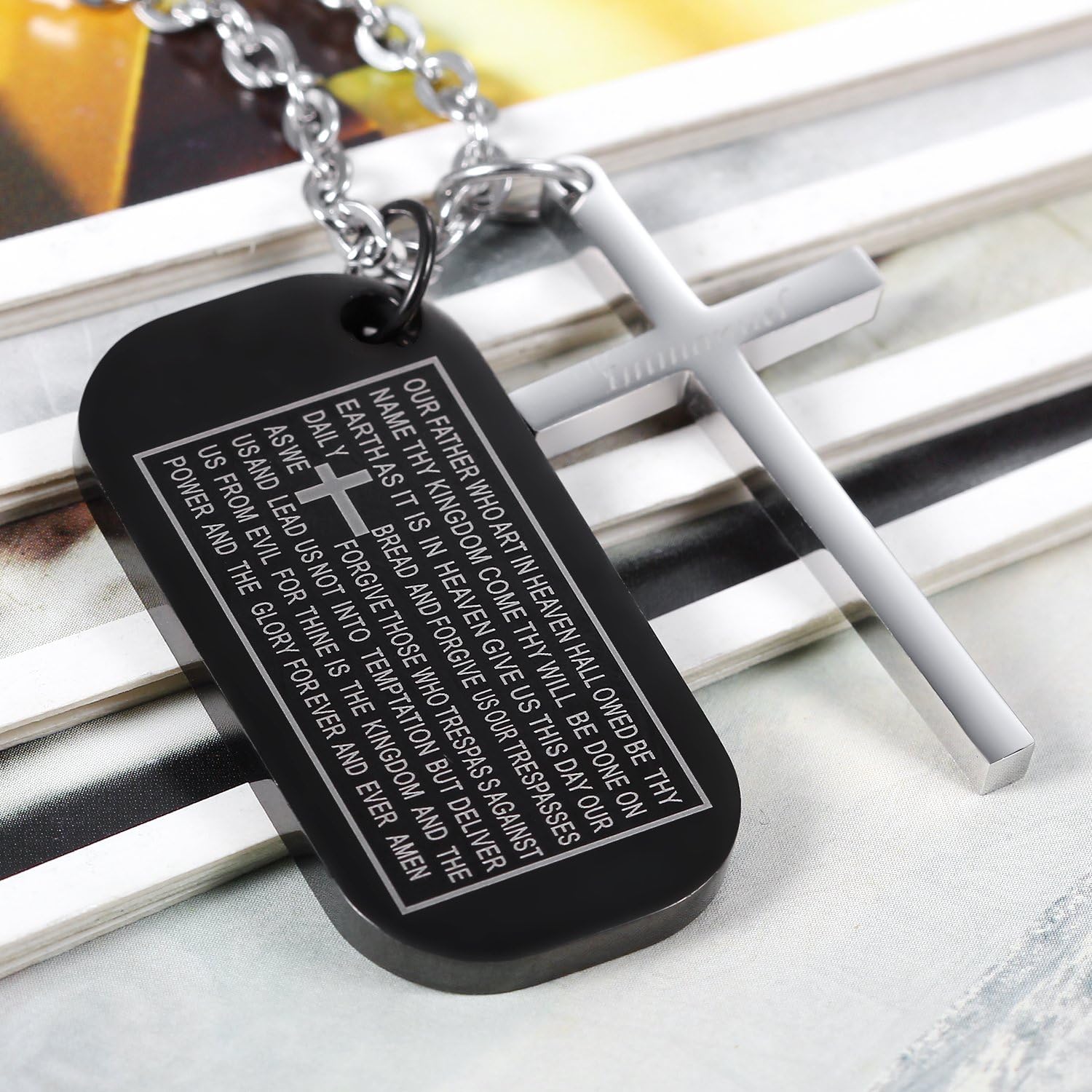 Flongo Men's Vintage Stainless Steel Black Cross Silver English Bible Lords Prayer Religious Link Wrist Bracelet for Christmas Thanksgiving New Year Gift (Set 1) - Image 4