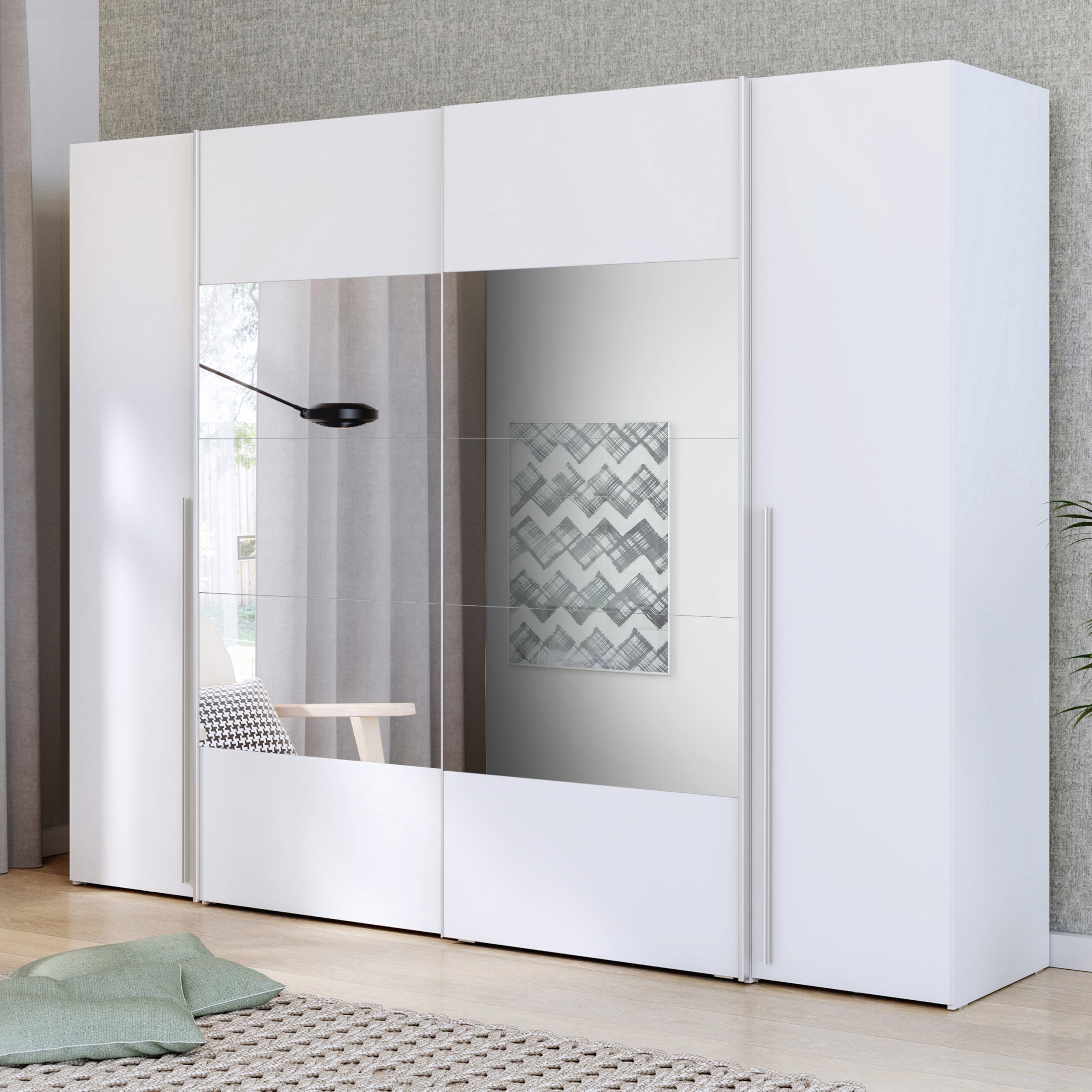 Forte NARAGO Kleiderschrank 270, 4-türiger Dreh-/Schwebetürenschrank mit Spiegel, Einlegeböden und Kleiderstange, Holzwerkstoff, Weiß, 270,3 cm breit, 210,5 cm hoch, 61,2 cm tief