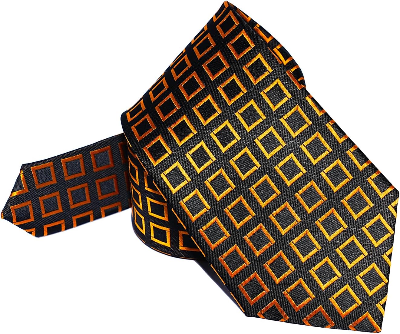 STEFANO CORVALI Mens Tie and Pocket Square Set Necktie Handkerchief Cufflinks Clip Business Wedding Formal Casual Black Gold Plaid-1