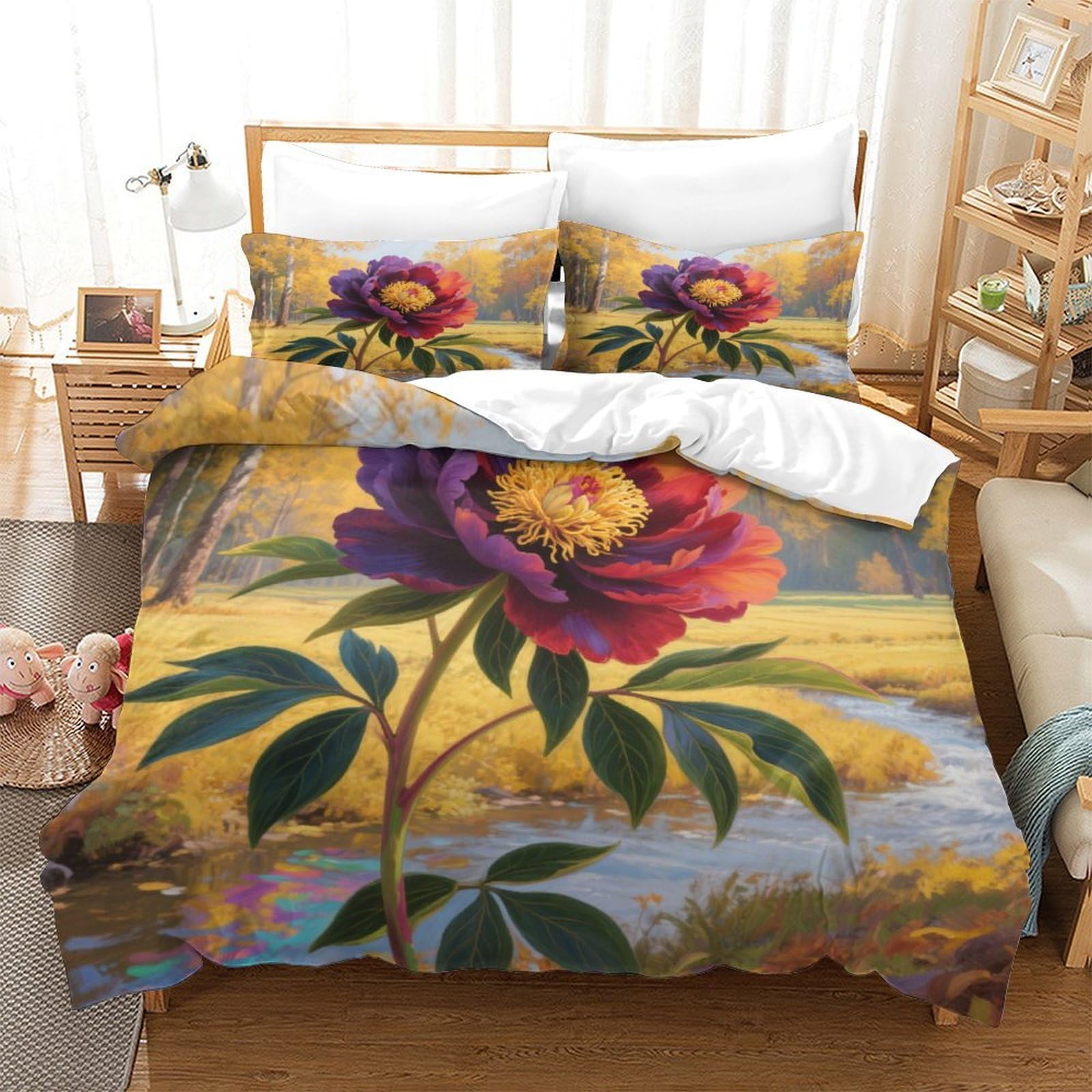 Housse de couette 260x220 pivoine imprimée en 3D avec taie d'oreiller