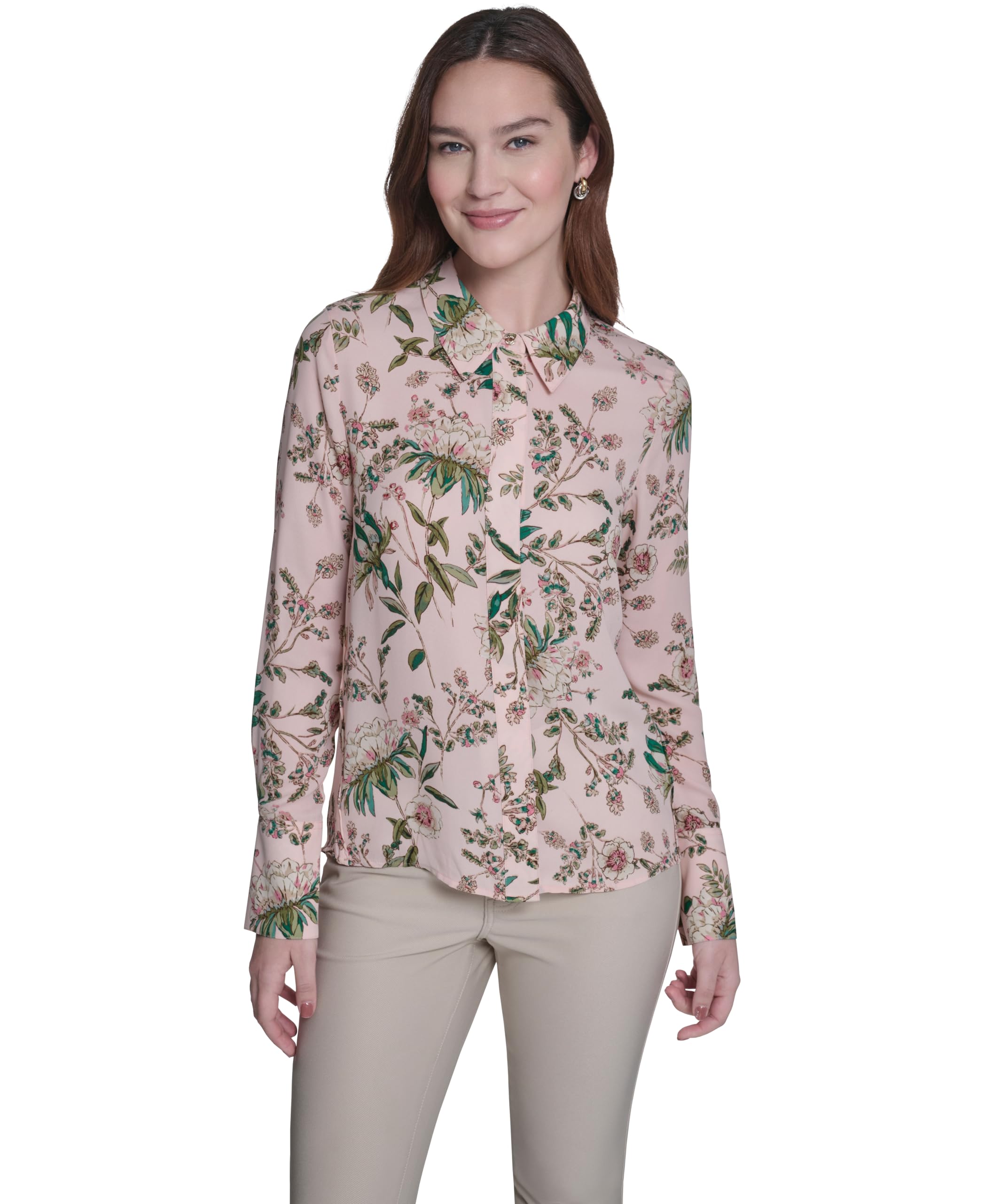 Tommy Hilfiger Damen Collared Neck Long Sleeve Printed Button Up Shirt Bedrucktes Langarmhemd mit Kragen und Knöpfen (1er Pack)