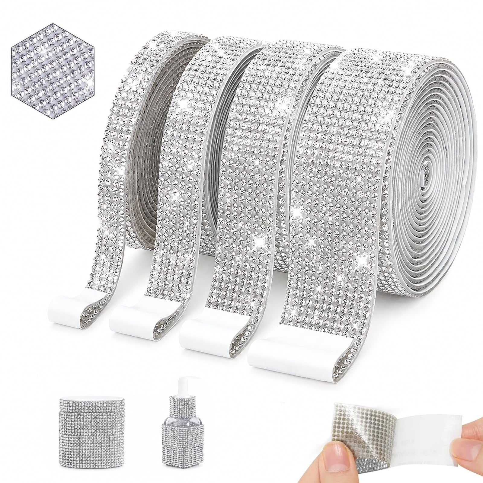 JVHLOV Self Adhesive Crystal Rhinestone Ribbon 4 Rolls Silver Bling Strips — image 1