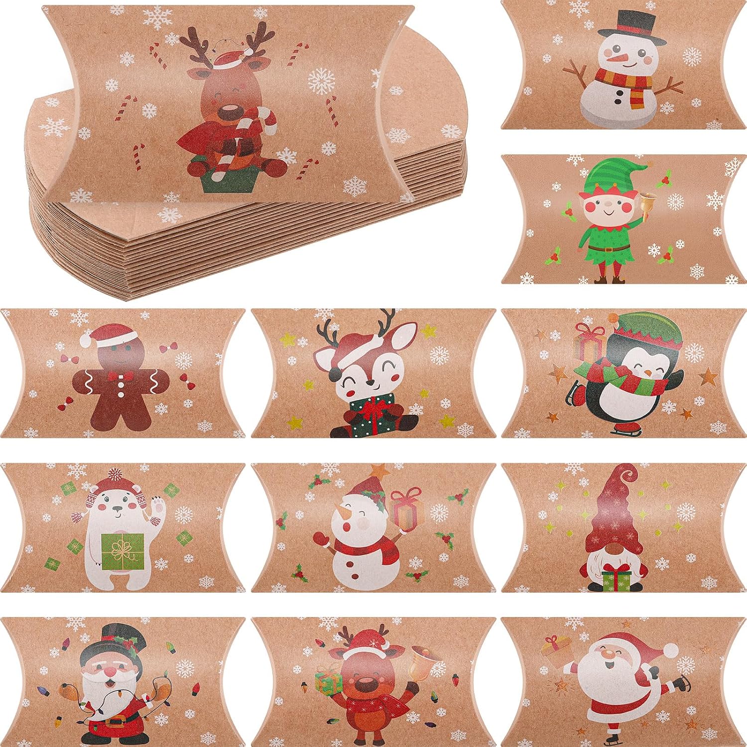 Crtiin 150 Pcs Christmas Pillow Boxes Xmas Small Pillow Boxes Gift Card Holders for Christmas Treats Present Small Gifts Favors Baby Shower Birthday Party, 12 Designs