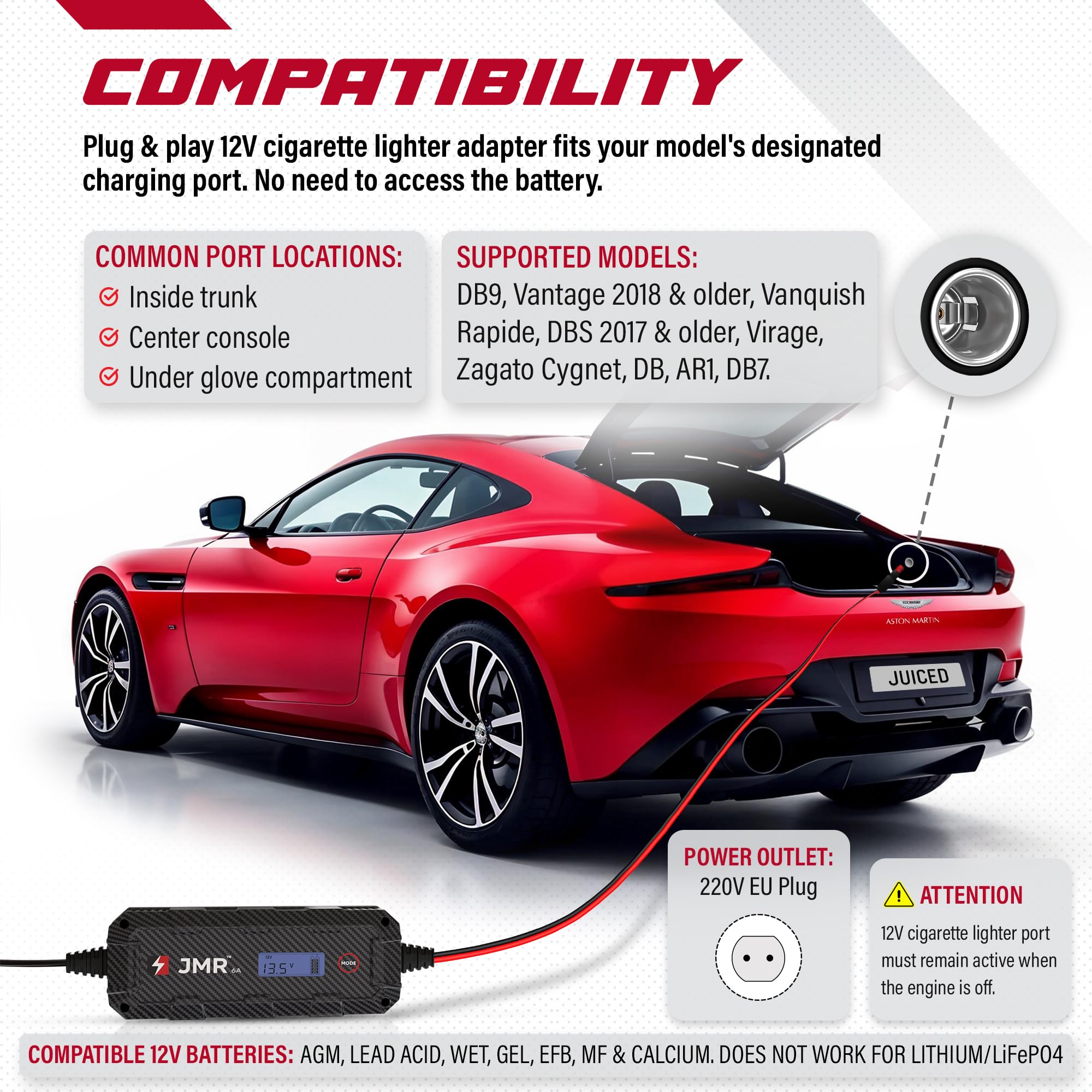 JMR Battery Charger for Aston Martin DB9 Vantage Vanquish Rapide DBS Virage DB7 Trickle Charger Conditioner Maintainer (12V Cig Port, No Lithium Mode)