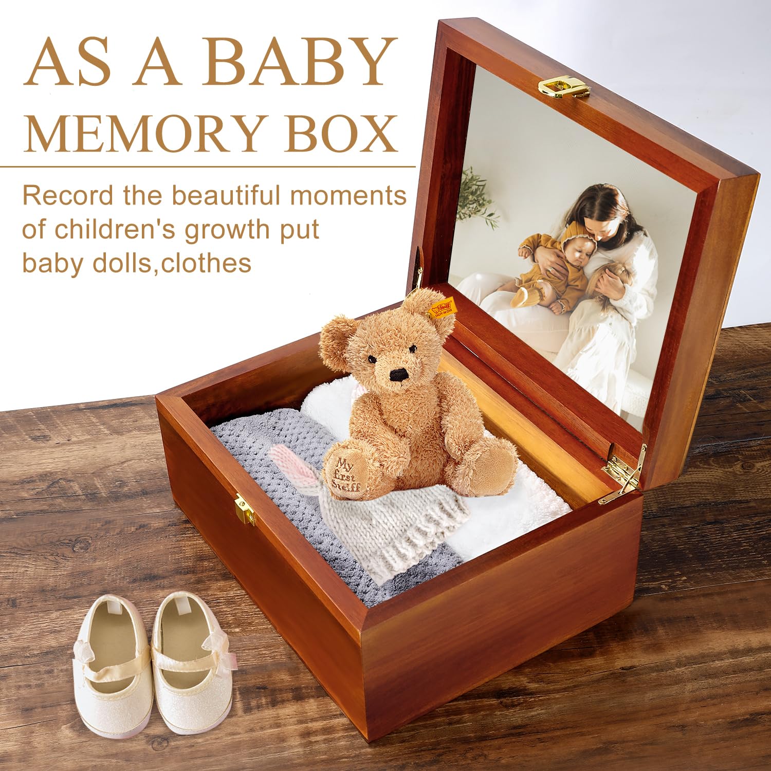Große Aufbewahrungsbox aus Holz mit Scharnierdeckel und Fotorahmen, elegante Hochzeits-Erinnerungsbox, ideal für Fotos, Briefe, Zeitkapseln, Brautgeschenk, Liebe, dekorative Aufbewahrung