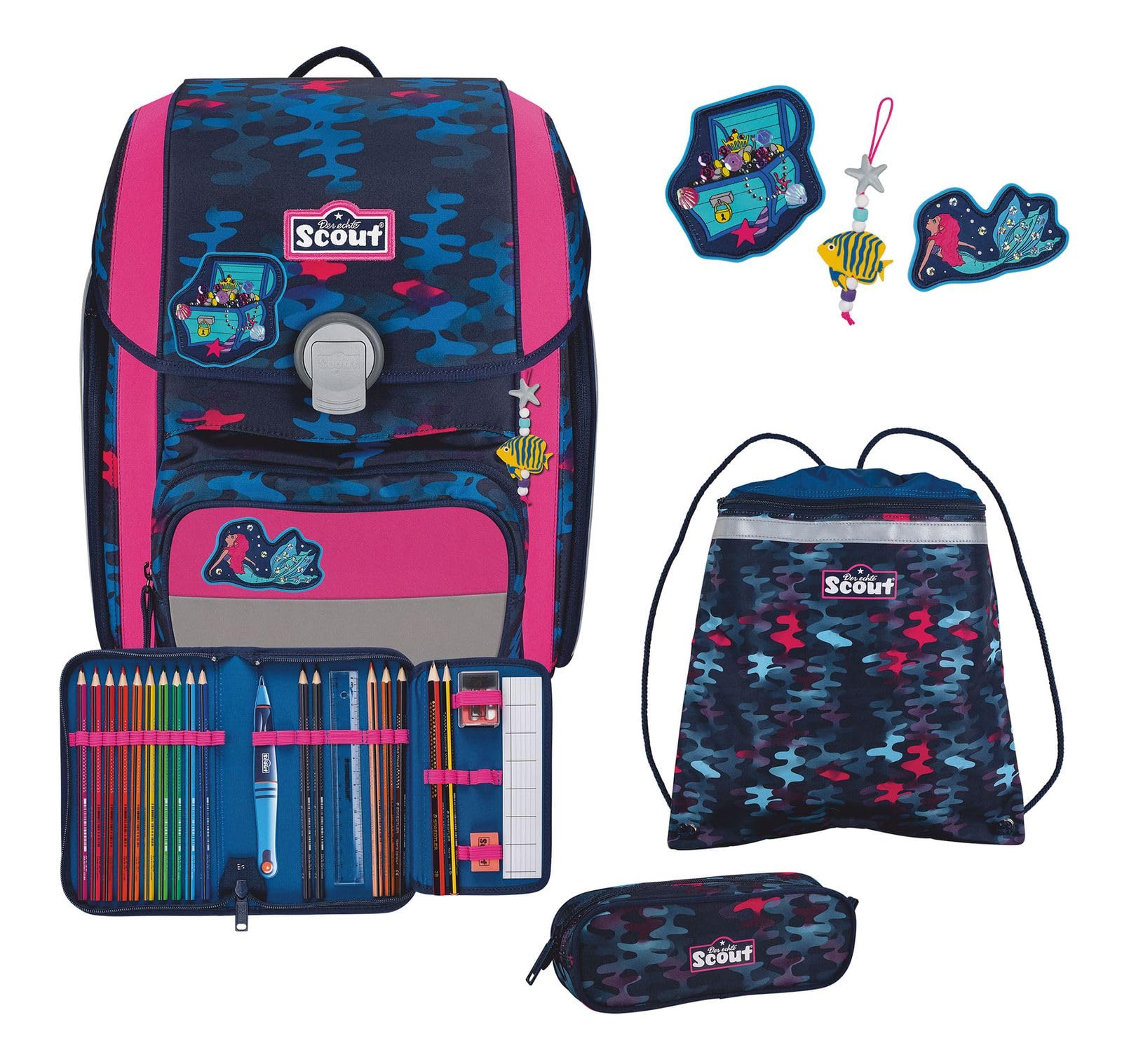 SCOUT Schulranzen Basic Genius Set 4-teilig Magic Sea dunkelblau