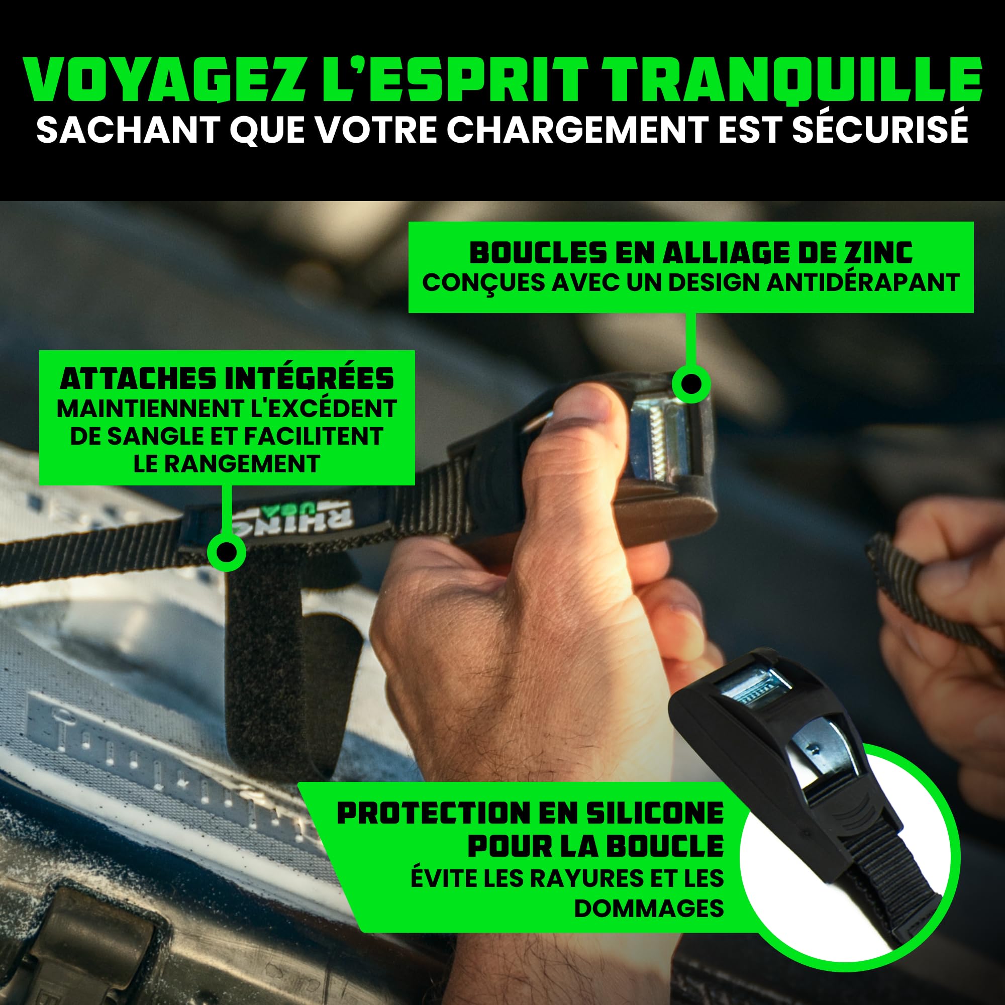 Rhino USA Sangles d'Arrimage (4) - Résistance Maximale à la Rupture de 500kg, Comprend (4) Sangles de Traction de 2.5cm x 3.6m, Sangles de Fixation pour Chargement, Kayak, Porte-Bagages de Toit