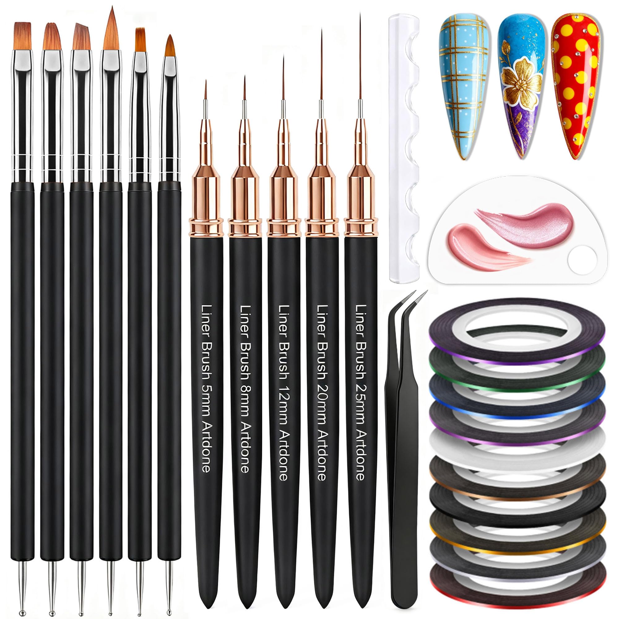 Artdone Nail Striping Tape Lines Kit With Nail Art Pens Dotting Tools And Liner Brushes For Gel Polish