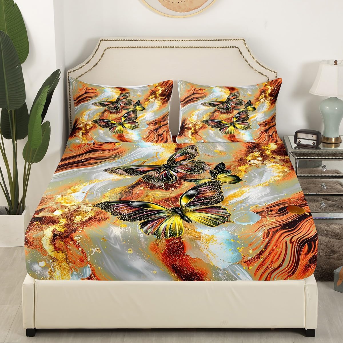 Erosebridal Orange Marble Fitted Sheet Black Butterfly Sheets,Gold Marbling Bed Sheets Full,Abstract Ombre Ink Fluid Art Bed Set Rustic Animal Dreamy Butterflies Room Decor Aesthetic