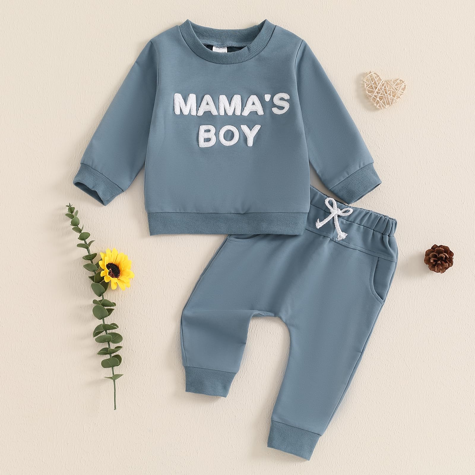 Baby Boy Fall Clothes, Infant Toddler Winter Outfits Letter Embroidery Long Sleeve Sweatshirt Pants Sweatsuit Set (Blue, 0-6 Months)