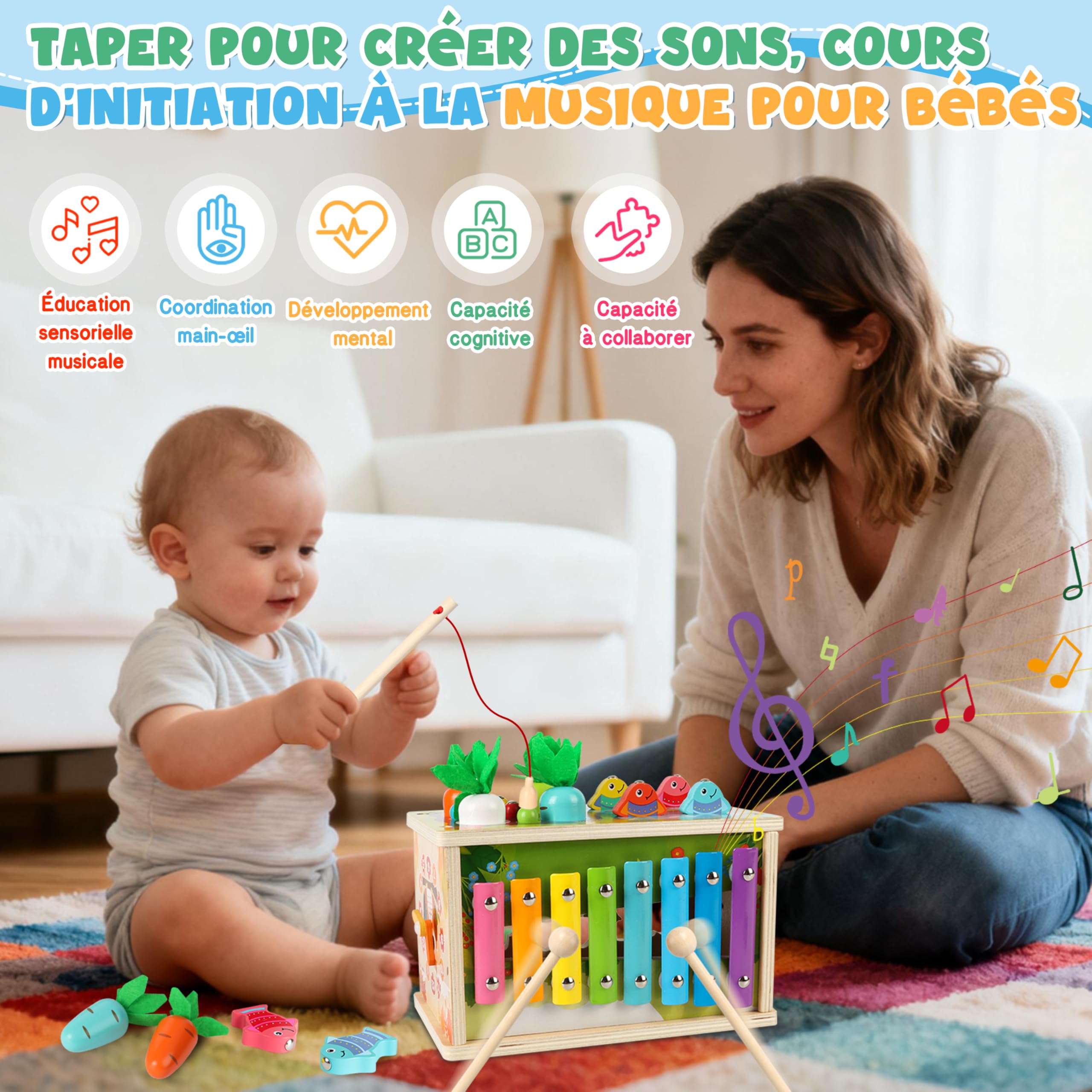 Charmofun Jouet Bébé Montessori 1 an, Jouet Boîte à Mouchoirs Bébé, Xylophone, Jeu Pêche, Tri de Formes, STEM Educatif Cadeau pour Enfants Filles et Garçons