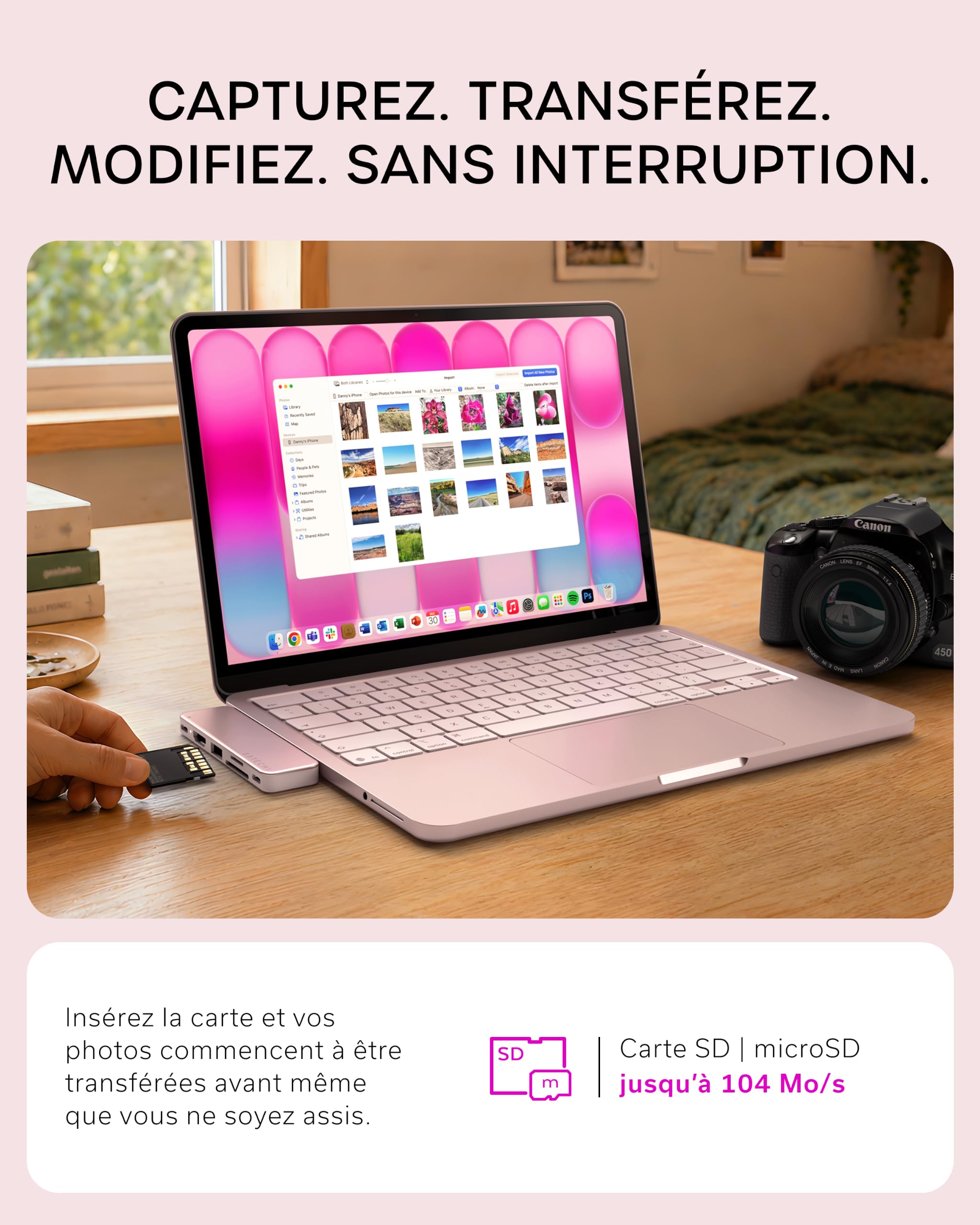 SATECHI Snap Hub USB C 6 en 2 pour MacBook Neo, Charge 45W, Rose Poudré | Conçu pour MacBook Neo avec double connecteur intégré, 4K@60Hz, lecteurs SD/microSD, USB-A et USB-C 5Gbps