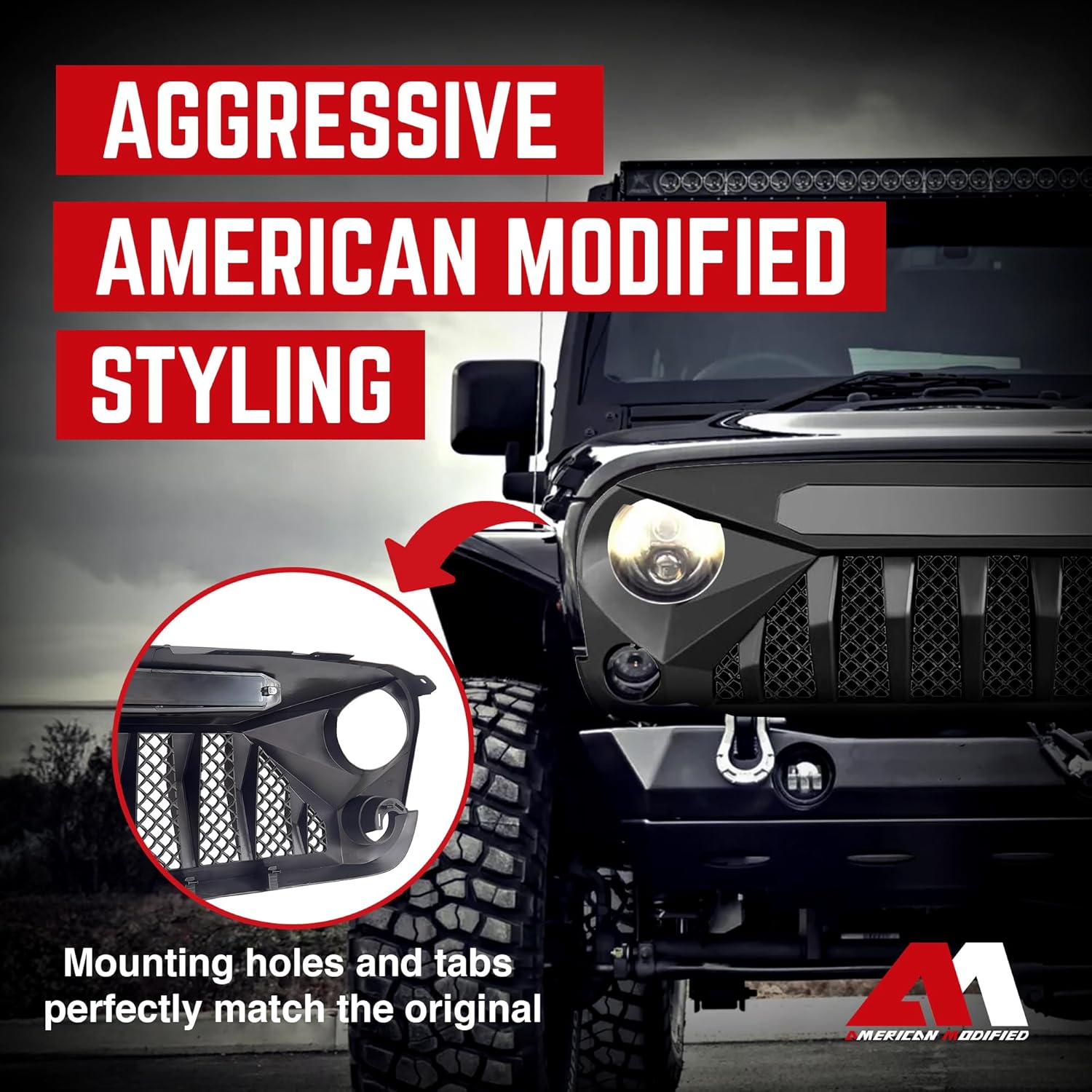 AM AMERICAN MODIFIED Gladiator Vader Easy Installation Front Grille Cover Compatible with Jeep Wrangler 2007 to 2018, JK/JKU, Rubicon, and Sahara Sport, Matte Black
