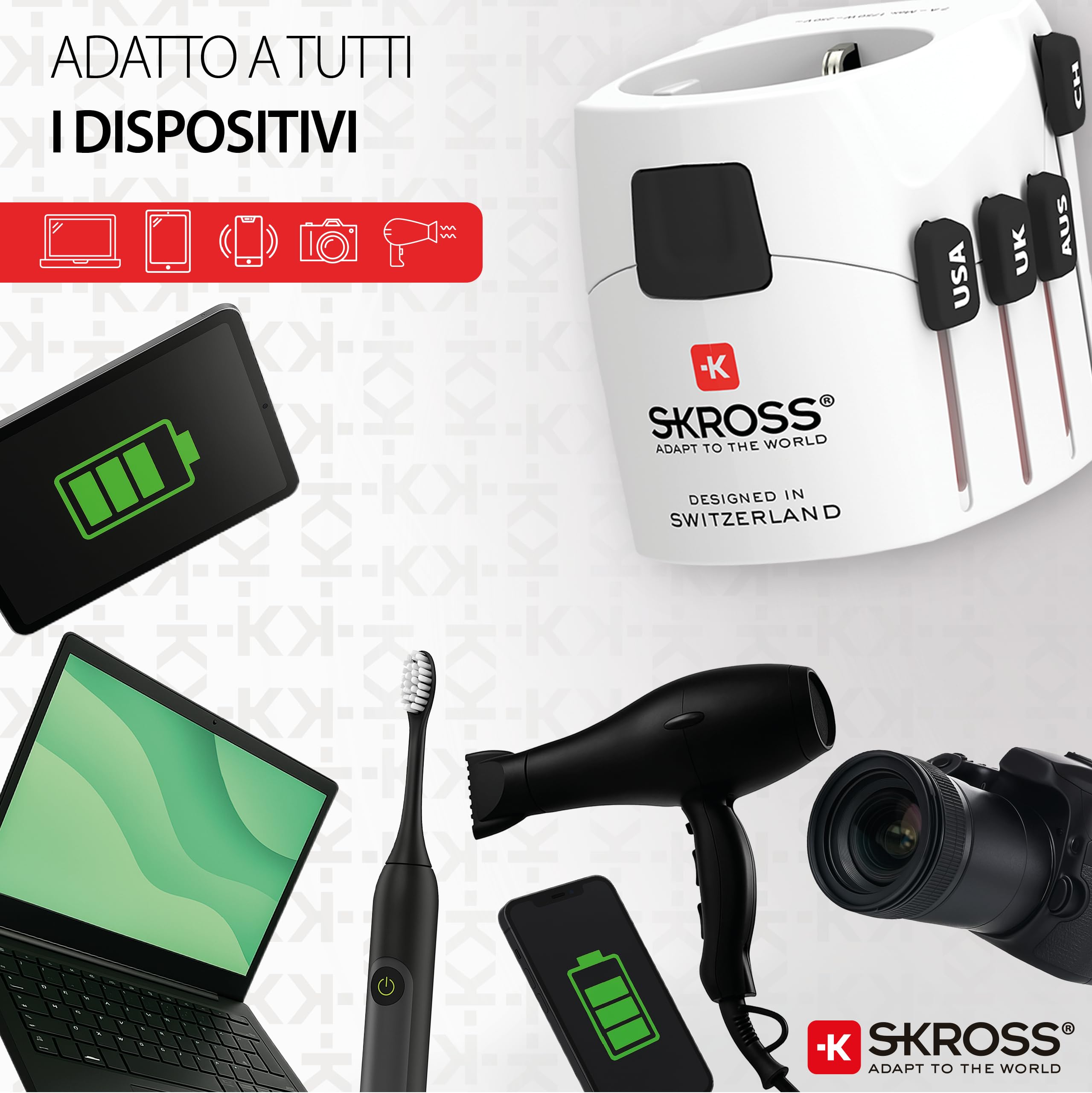 SKROSS | 1.103145 | PRO Light | Adattatore Universale da Viaggio a 2 e 3 Poli per Schuko. Tensione e Potenza nominale: 100V – 630W / 250V – 1575W - Adatto a PC e Asciugacapelli. Protezione Anti Scossa
