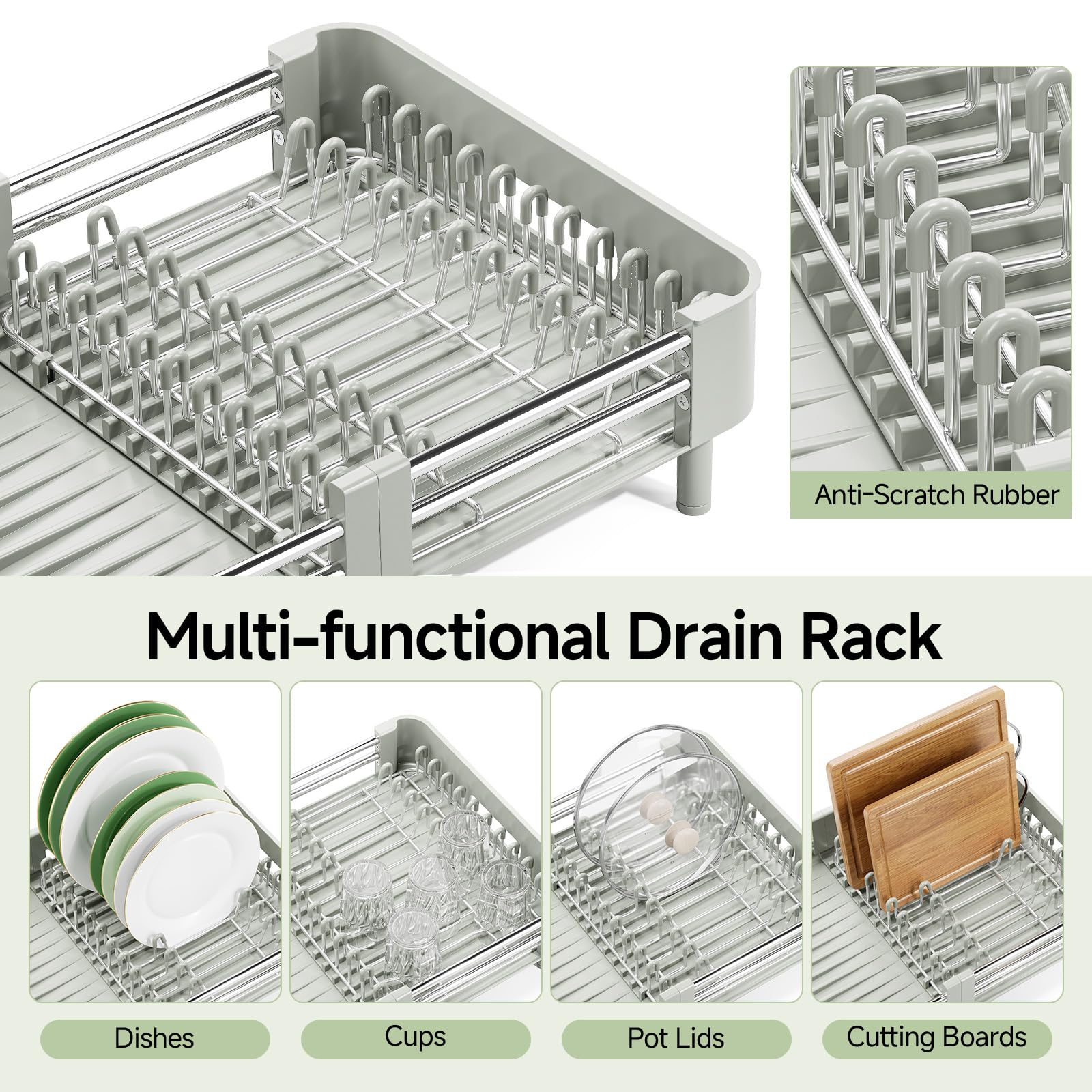 KINGRACK Scolapiatti, Grigio Bianco | Estensibile, Pieghevole, Acciaio Inox, Portaposate Rimovibile, Antigraffio