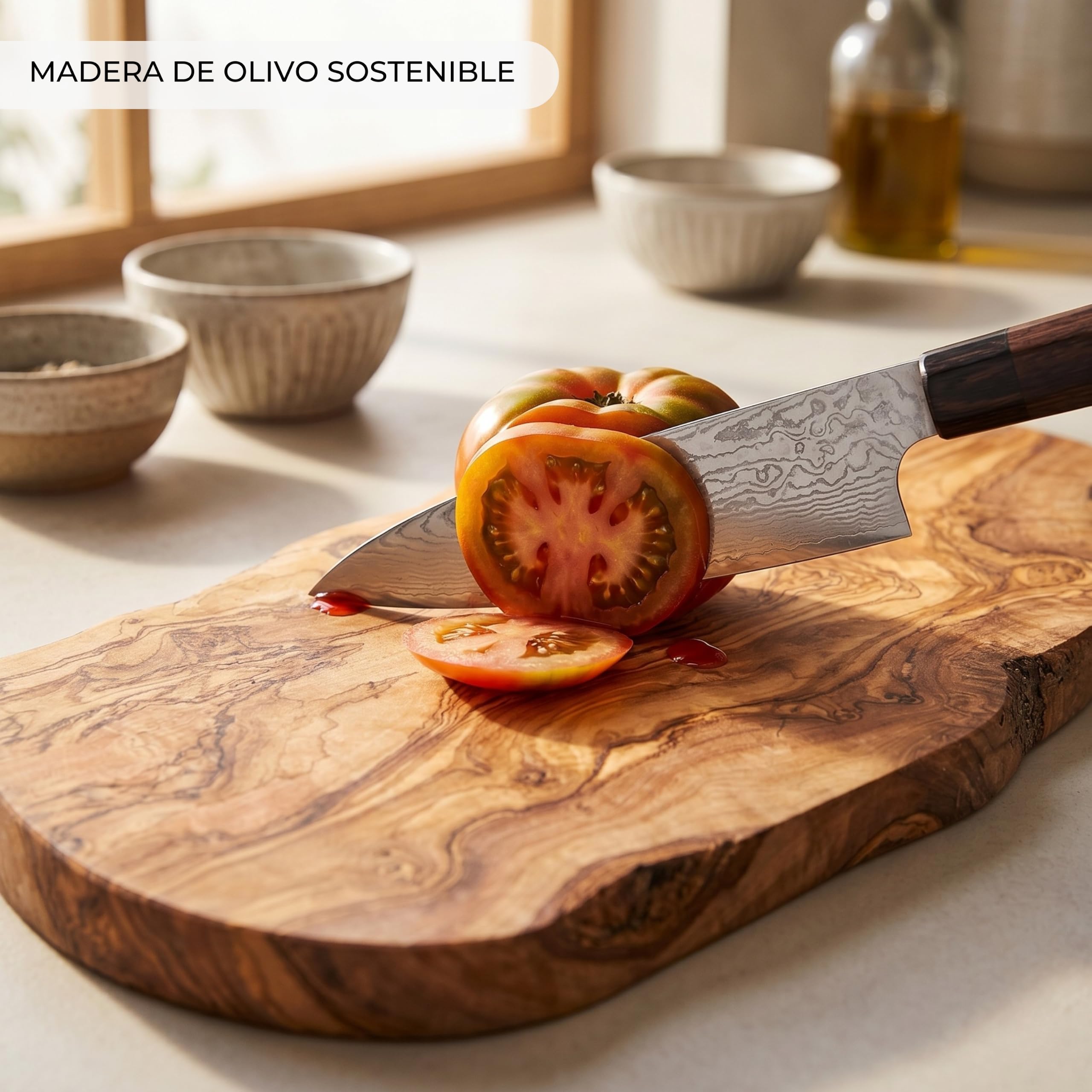 Erreke Tabla de Madera de Olivo Natural para Cortar y Servir, 43 x 21 cm | Tabla Madera Cocina. Reversible y Artesanal para Servir y Picar Quesos Embutidos Pan. Estilo Mediterráneo Rústico. Uso Diario