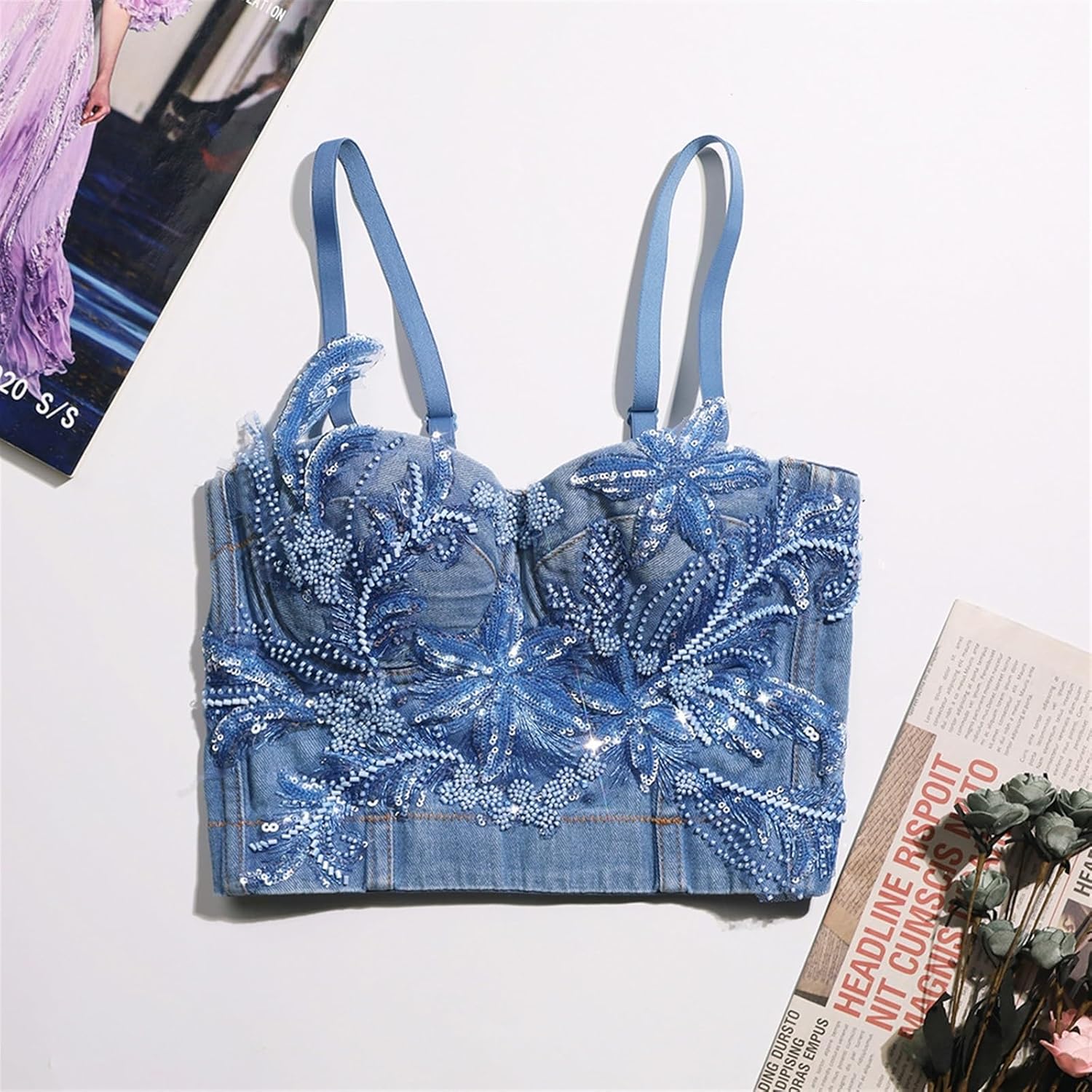 Women's Denim Floral Sequins Beads Corset Bustier Clubwear Party Halter Tops Crop Vest Bra