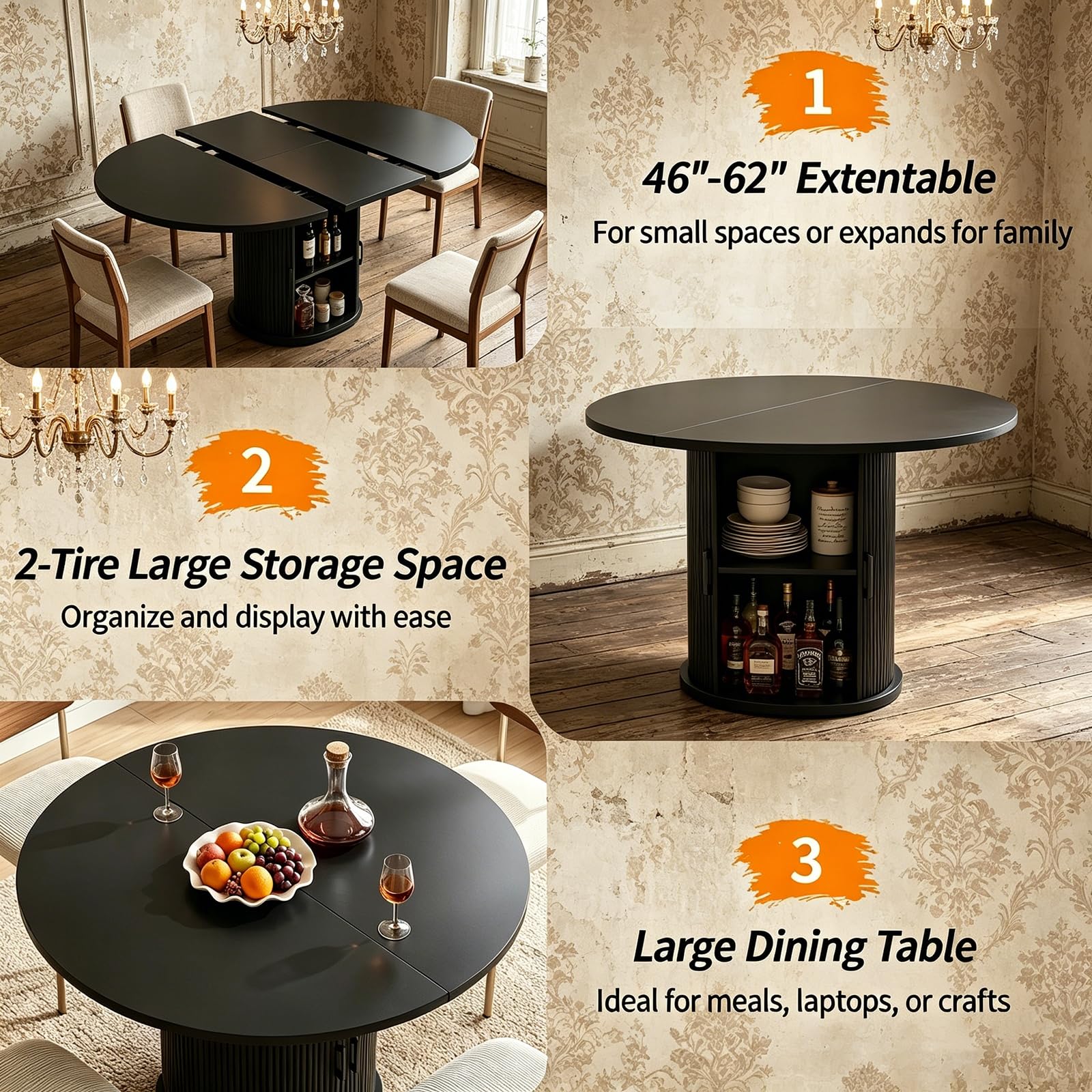 Runder Esstisch 118cm für 4-6 Personen, geriffelter Sockel, Küchen- & Esszimmertisch, platzsparend für kleine Räume, Schwarz