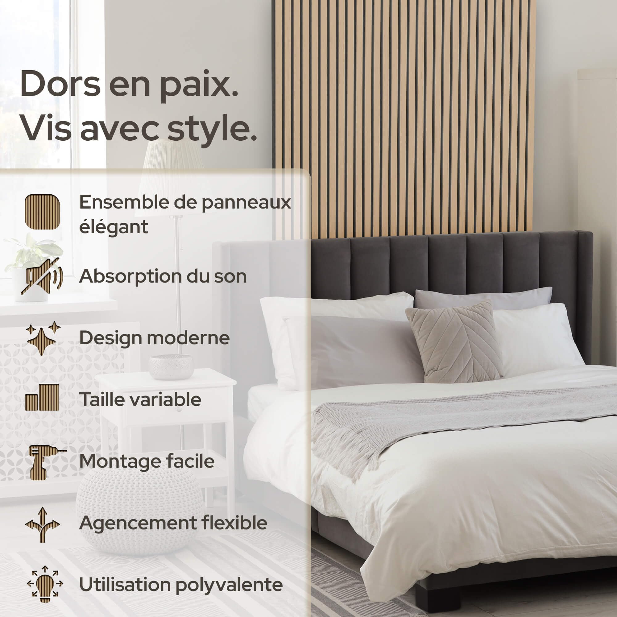 Arebos Lot de 4 Panneaux Acoustiques 120×60 cm | Panneaux Muraux à Lattes Aspect Bois pour Mur & Plafond | Haute Absorption Acoustique | Installation Facile & Découpable