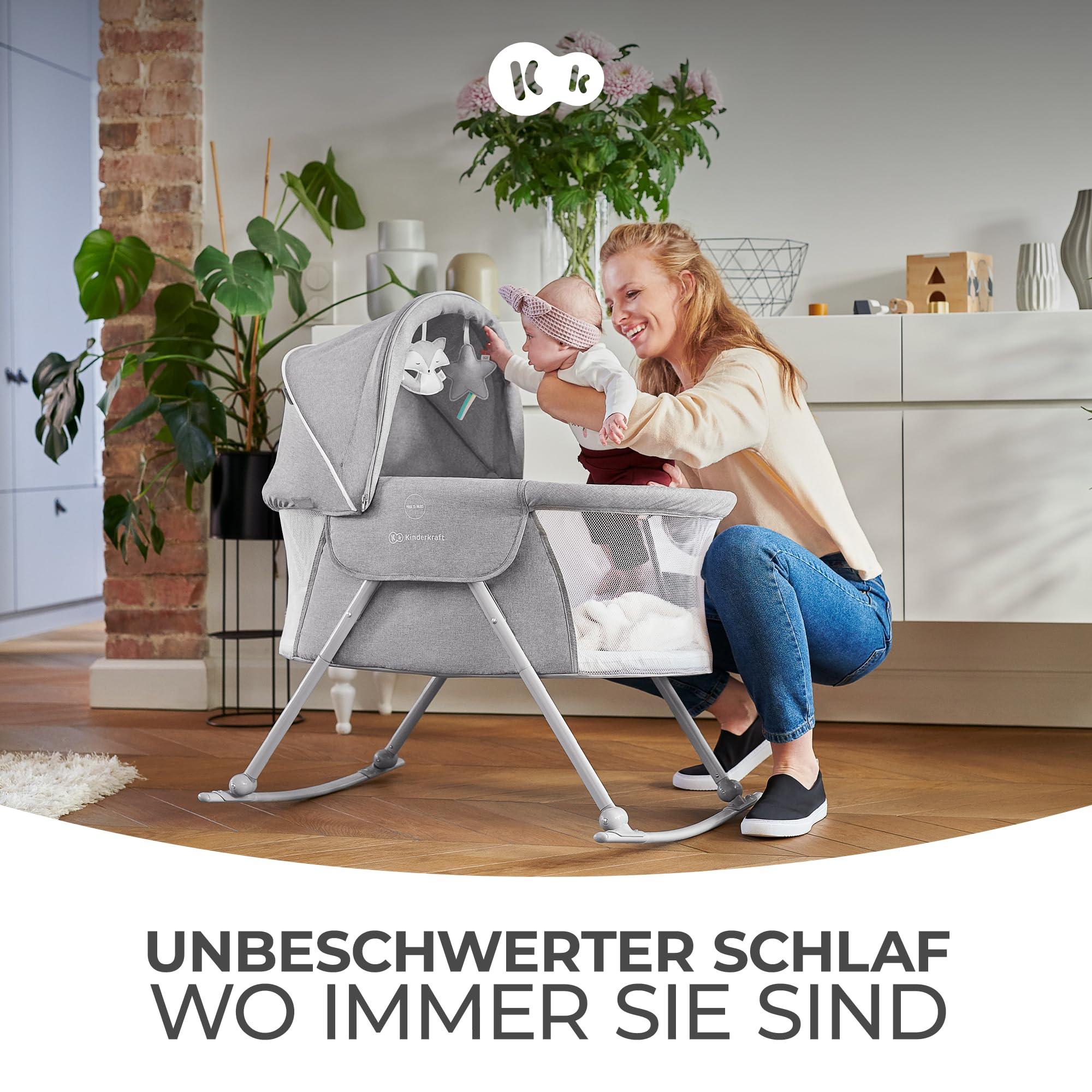 kk Kinderkraft Kinderkraft Kinderbett 3 in 1 lOVI, Kinderreisebett, Stubenwagen, Babywiege, Baby Wippe, Zusammenklappbar, Einfach Transport, mit Zubehör, Tasche, Moskitonetz,von Geburt bis 9 kg, Beige