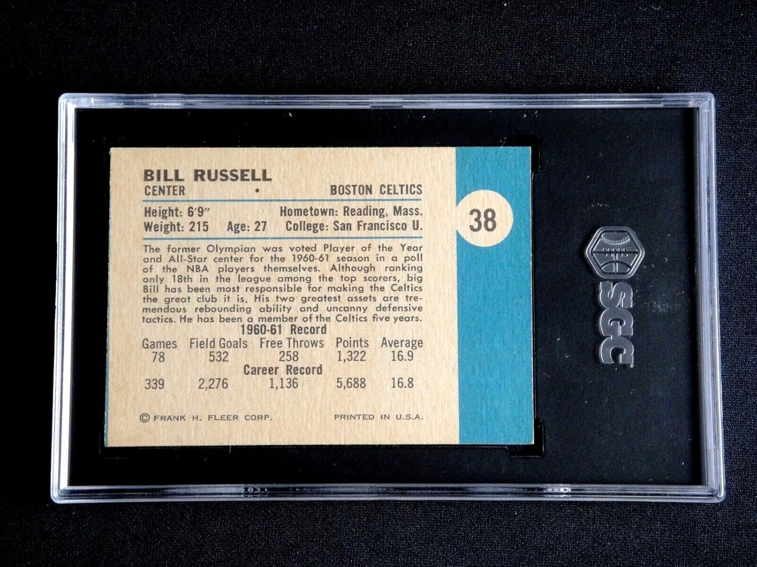 Bill Russell 1961 Fleer #38 Basketball Card Sgc 5 Excellent Hof Boston Celtics - Unsigned Basketball Cards
