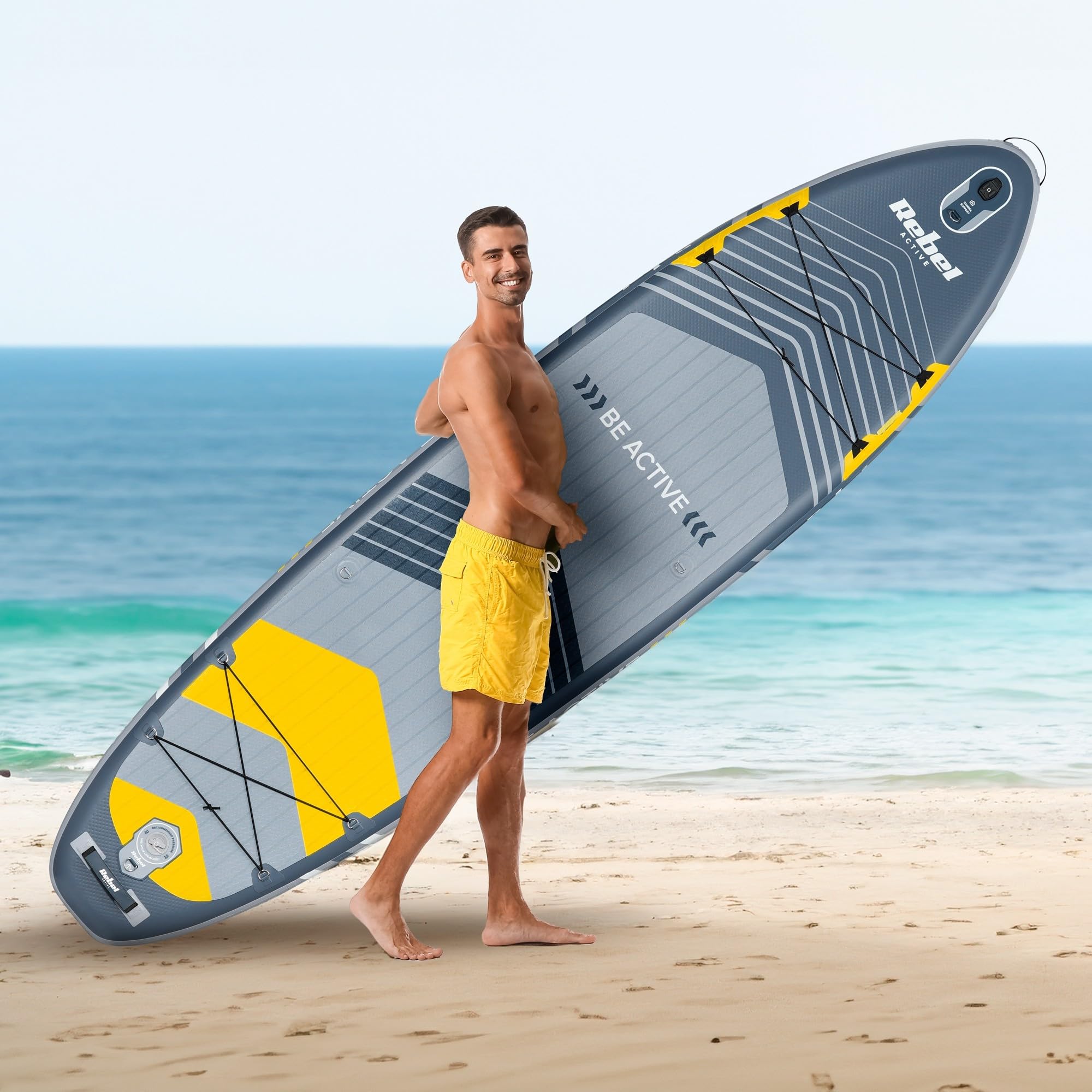 Rebel Brett SUP gepumpt mit Schwimmsitz Drop-Stitch 335 cm Set Paddel Pumpe Rucksack RBA-4507-G