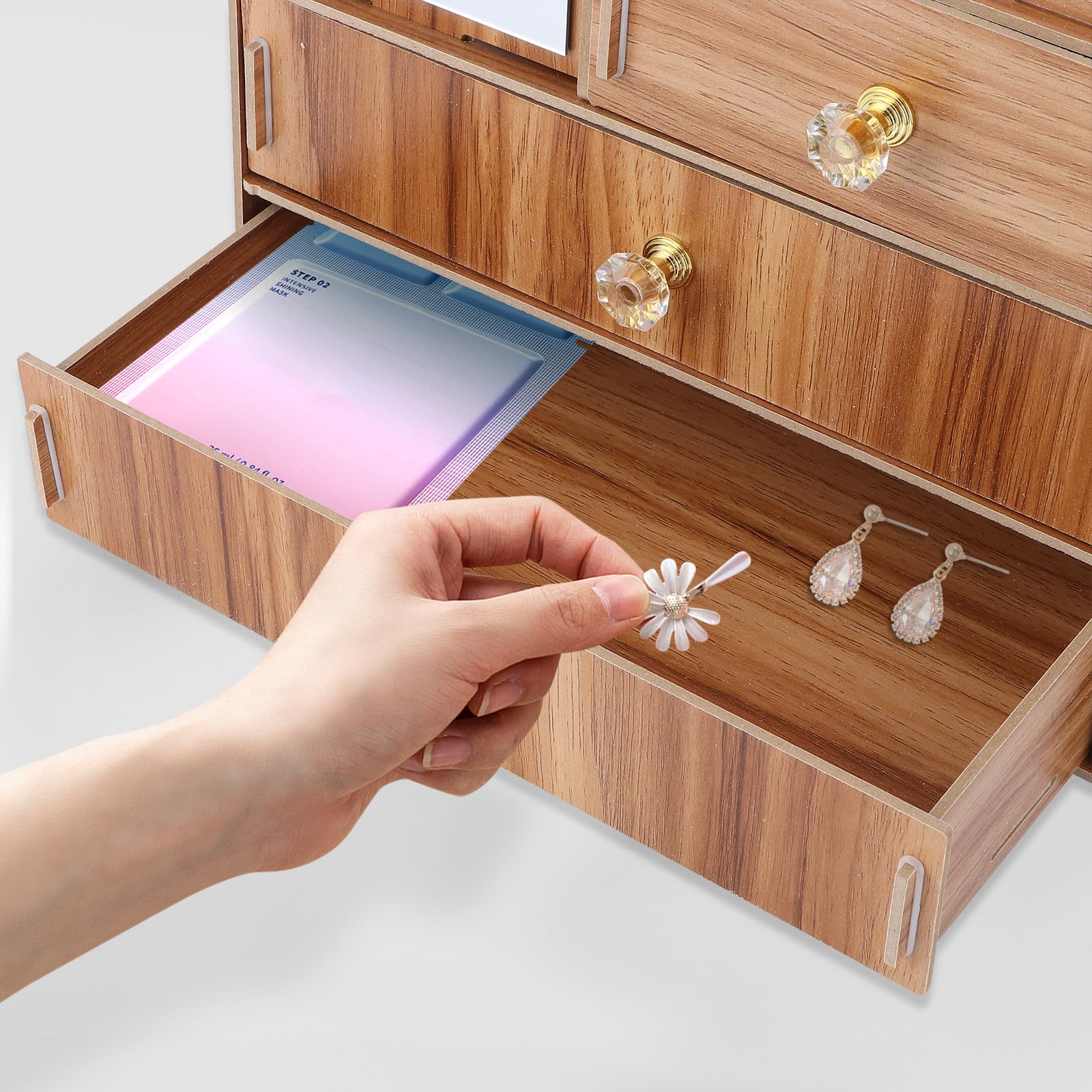 Organisateur de Cosmétiques Tiroir et Miroir Multifonctionnel en Bois Marron Boîte de Rangement Pratique pour Maquillage et Accessoires de Bureau