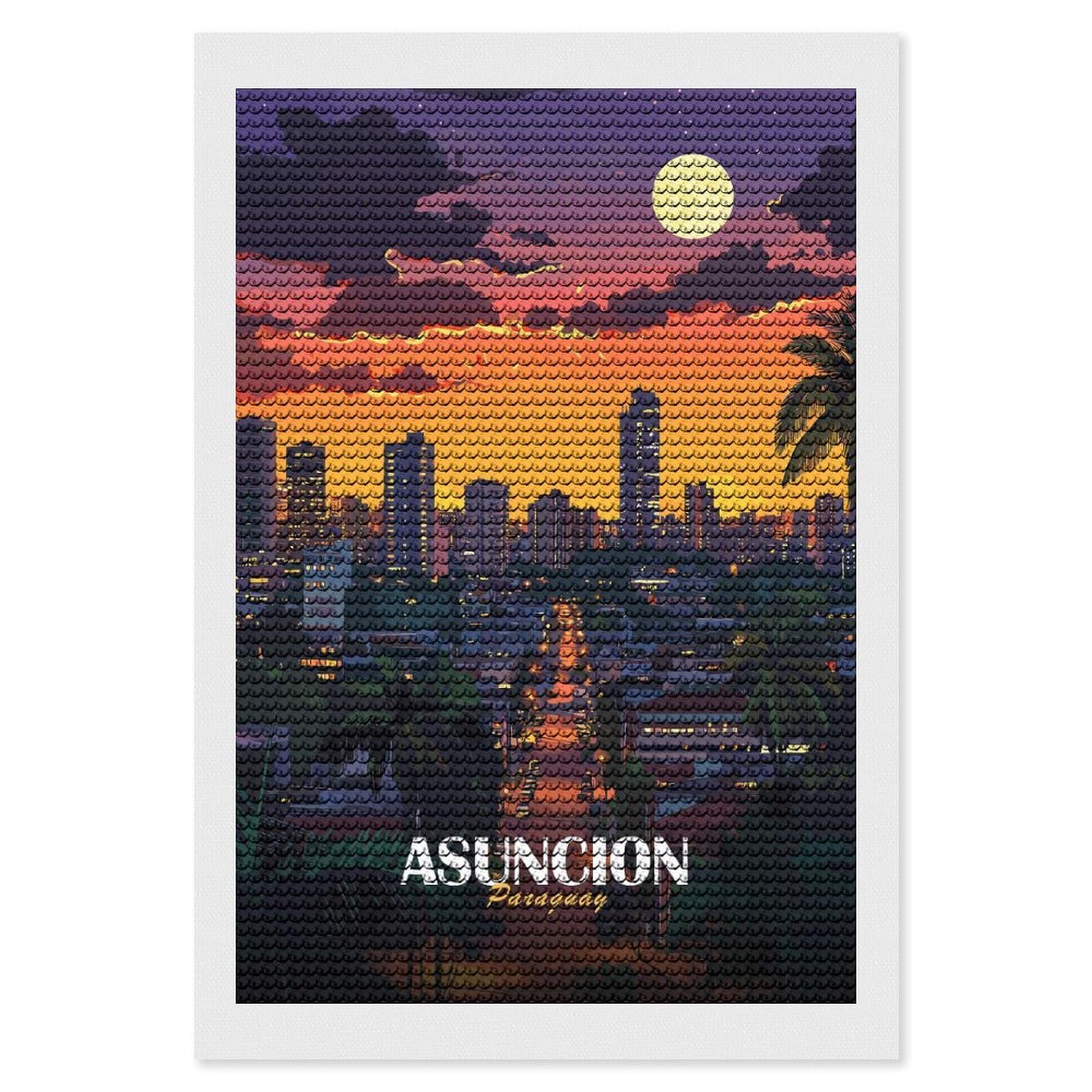 Junmoney Asuncion, Paraguay Cityscape at Night Diamond Art Canvas 8"x12", for Creative Relaxation, Simple to Start, Aesthetic Room Decor, Holiday Gift Idea