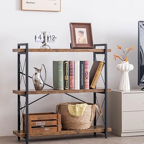 Miniatura 2 de HCHQHS Bookshelf, 3-Tier Industrial Bookcase, Rustic Open Book Shelf, Wood and Metal Horizontal Bookshelves Marrón (Rustic Brown),Blanco nube,Ébano