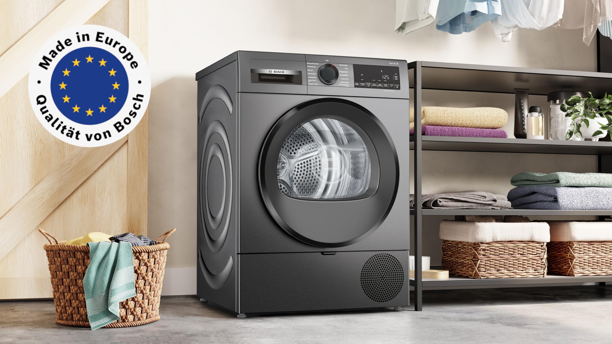 Bosch WQG243DR10 Serie 6, Wärmepumpentrockner 9 kg, Extra Kurz Trockenprogramm, Halbe Beladung Option, Auto Dry, Easy Clean Filter, Sensitive-Drying-System, Trommelreversierung, Innenbeleuchtung, Grau