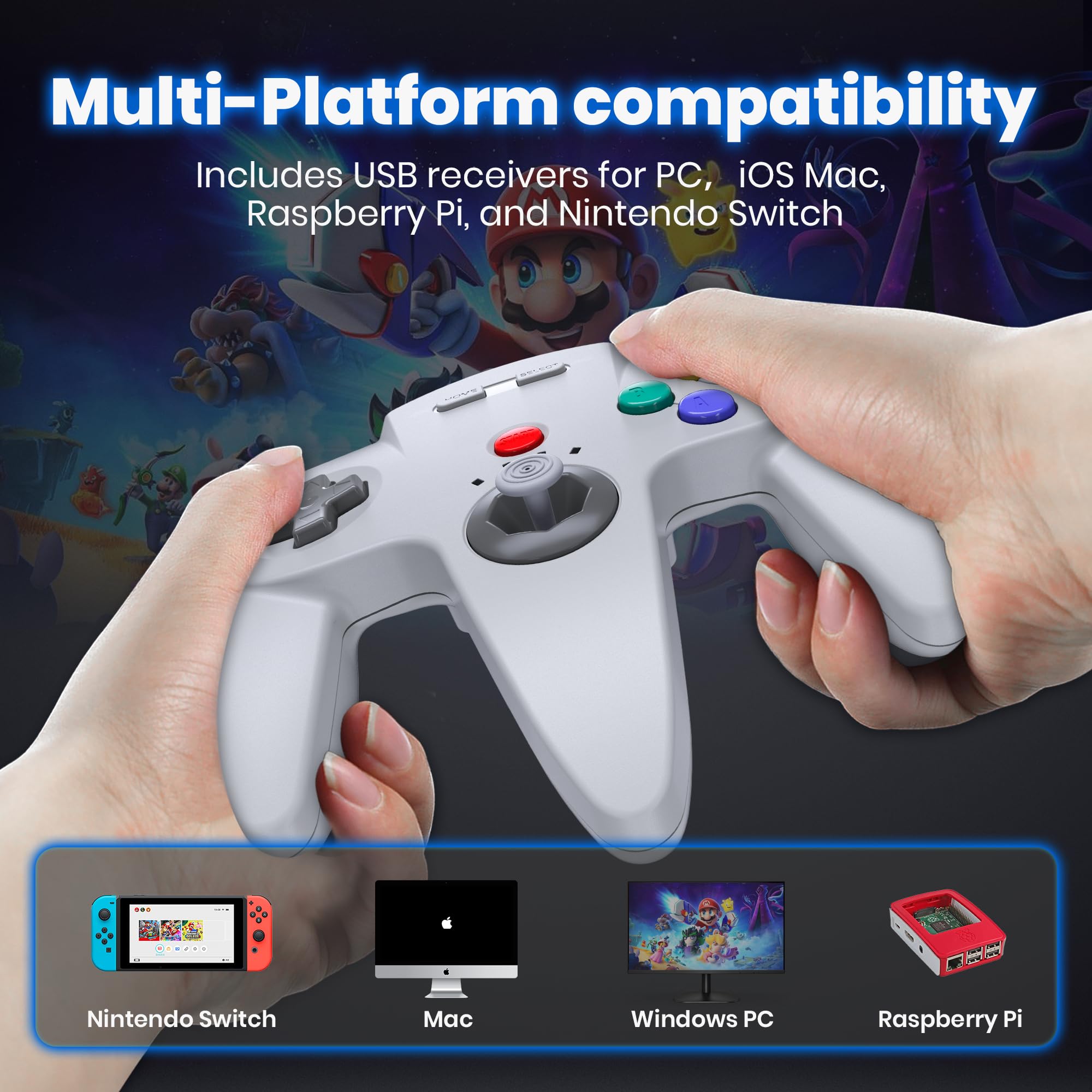 miadore Controller wireless N64 per Switch/Switch 2/OLED/Lite/console N64, PC Windows, MacOS, Raspberry Pi, Plug & Play, controller PC con batteria da 500 mAh, Ricaricabile,vibrazione integrata.