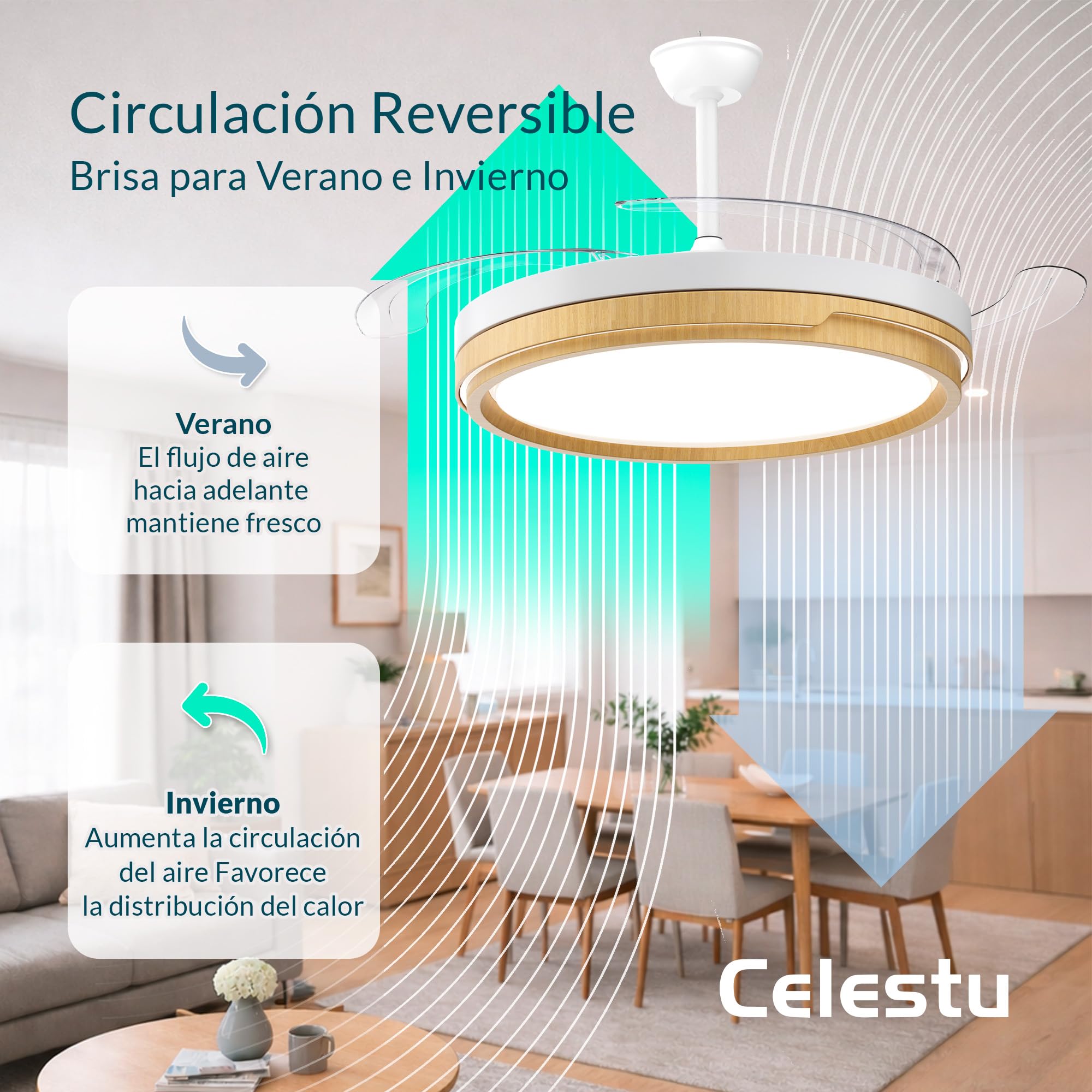 Ventilador de Techo 66w+30w LED Silencioso con Control Remoto y App, Luz Regulable, 6 Velocidades, Temporizador (Madera)