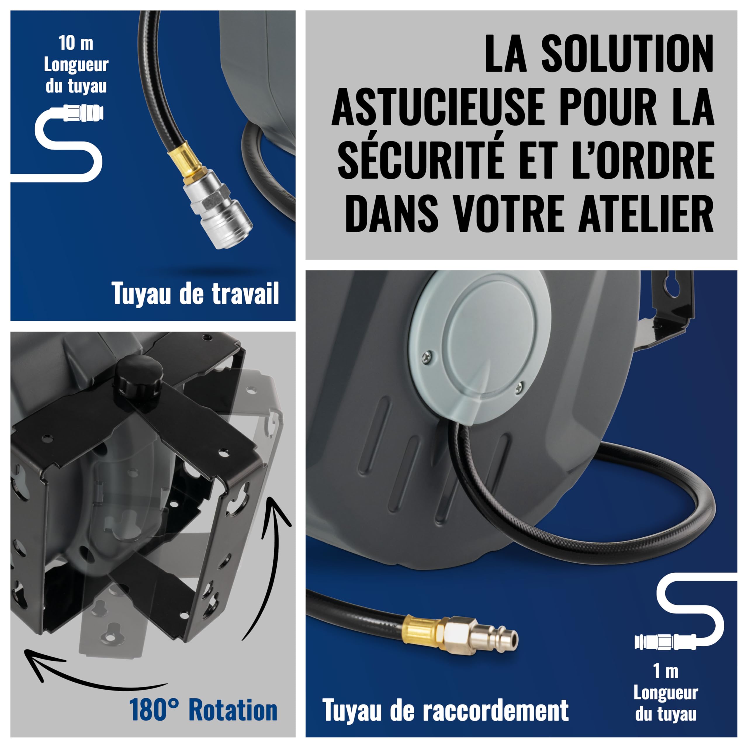 POPPSTAR Enrouleur de tuyau à air comprimé automatique (10m + 1m, diam. intérieur 5/16" (8x12mm), 1/4"BSPT), dévidoir automatique rétractable, Gris