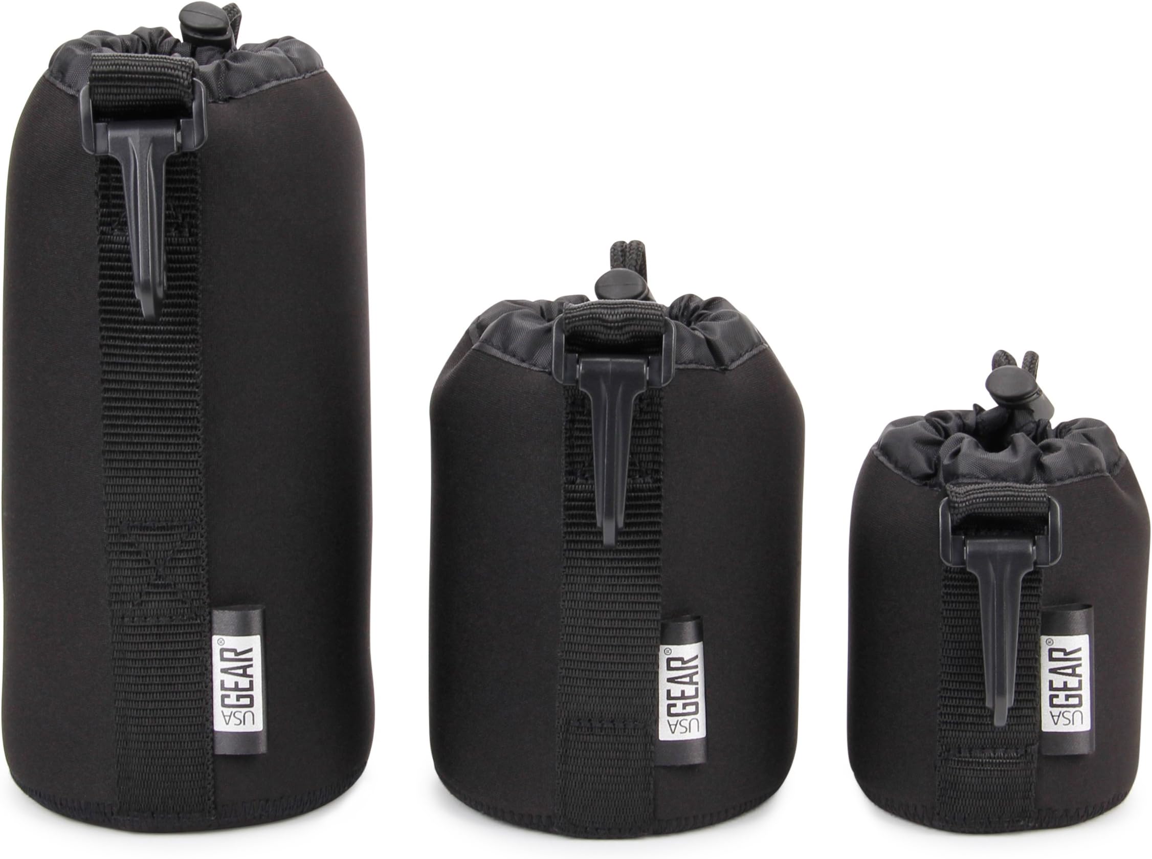 USA Gear FlexARMOR Protective Neoprene Lens Case Pouch Set 3-Pack (Black) - Small, Medium and Large Cases Hold Lenses up to 70-300mm with Drawstring Opening, Attached Clip, Reinforced Belt Loop