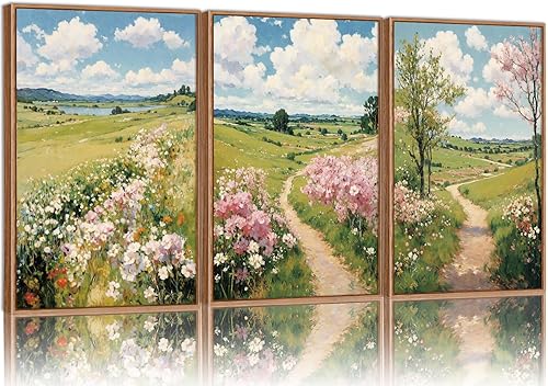 Tinonedraw Lienzo enmarcado de paisaje rústico para pared, diseño de tríptico, decoración de pared azul y blanco, arte floral botánico vintage,