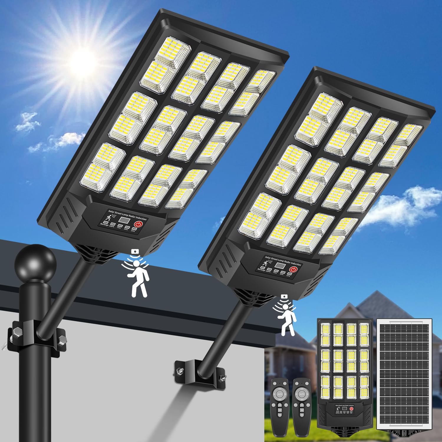 600W Lampione Solare Led Esterno 2 pezzi,IP66 Impermeabile Faro Stradale Esterno con Pannello,Sensore di movimento,320° Angolo Illuminazione Lampada Faretto Solari per Giardino,Garage,Strada
