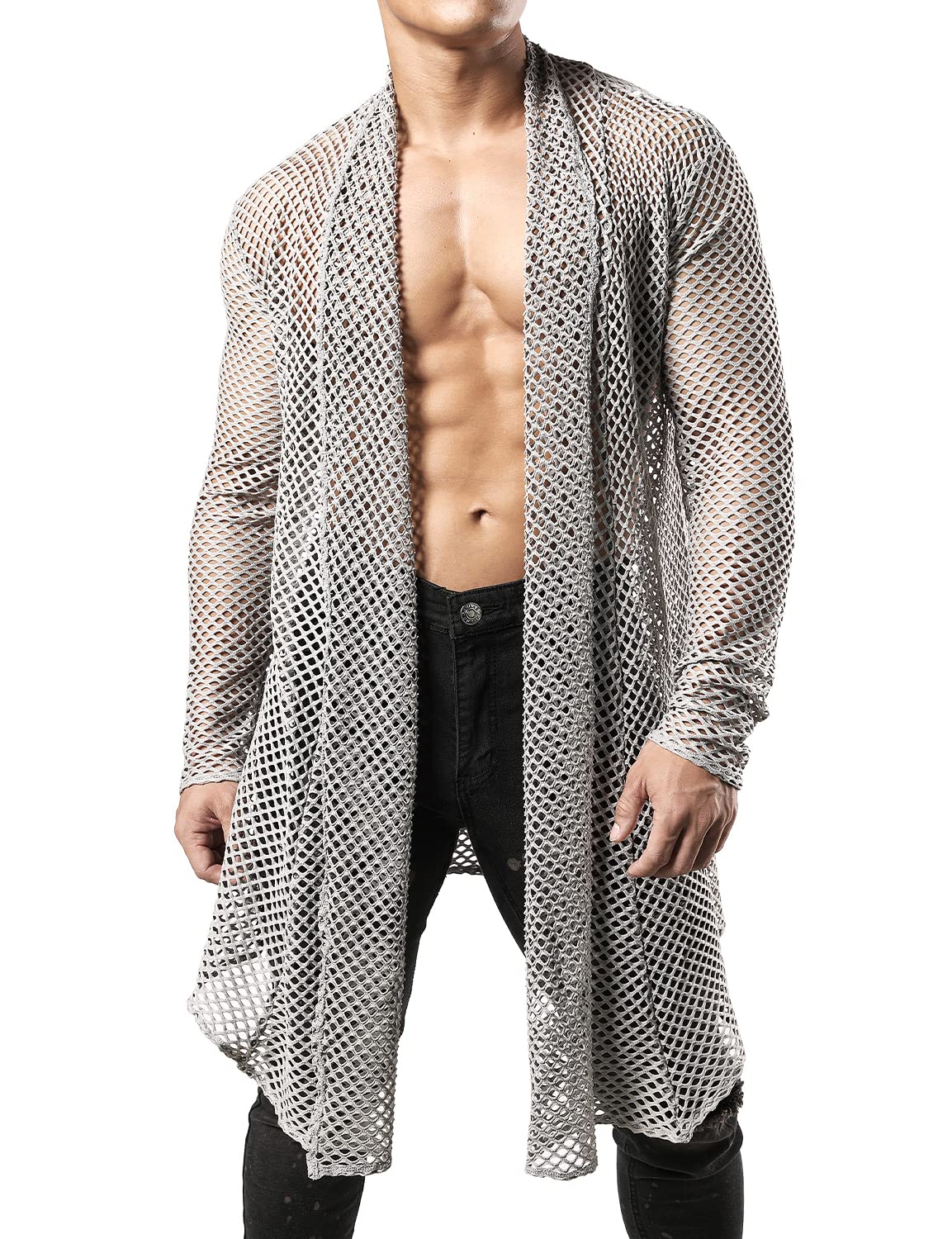 jogal Men's Mesh Fishnet Cardigan Fitted Muscle Top-picture-27