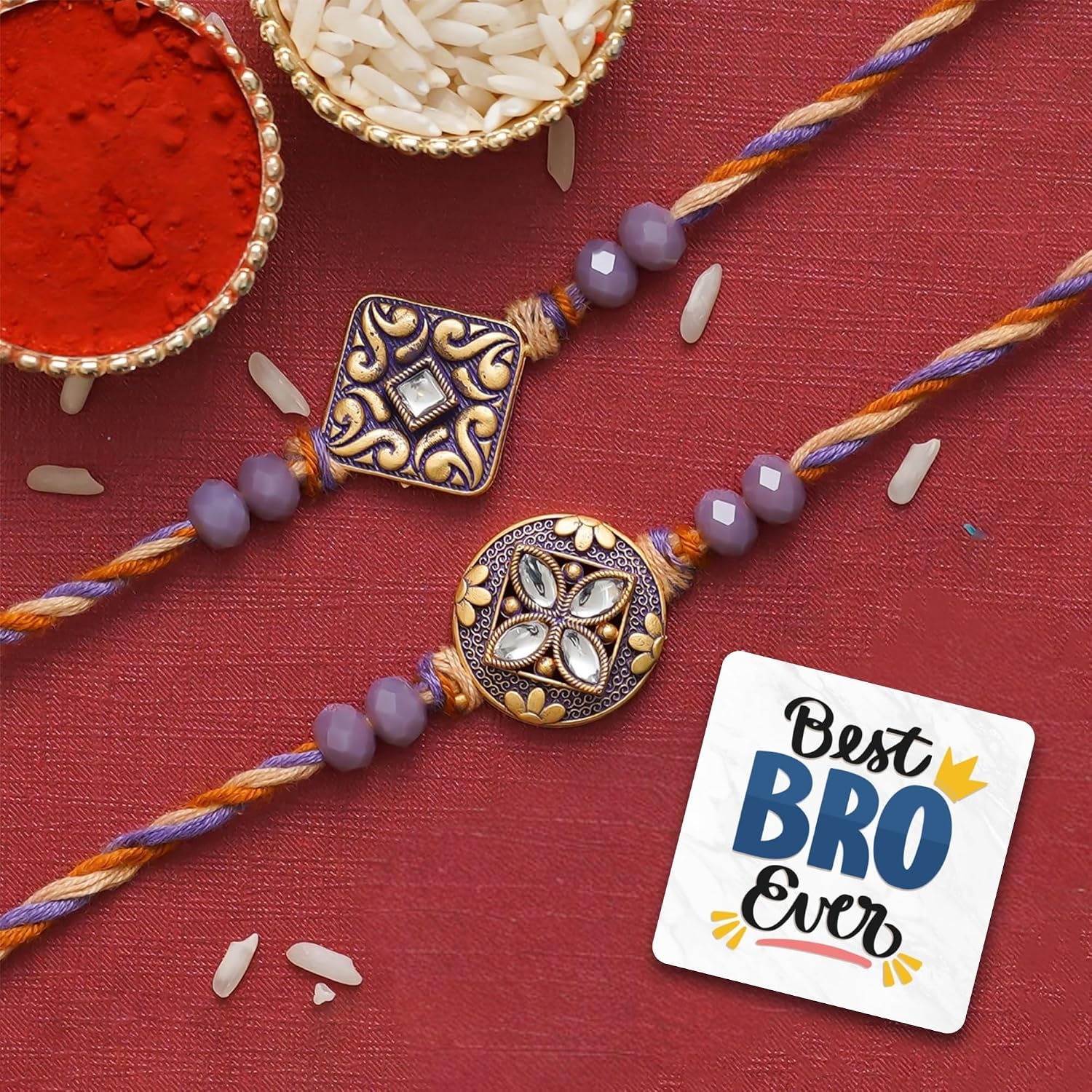 eCraftIndia Set of 2 Purple and Golden Precious Stone Designer Rakhis, Best Bro Ever Fridge Magnet with Roli Chawal Pack -... - Review, Price and Buying Guide