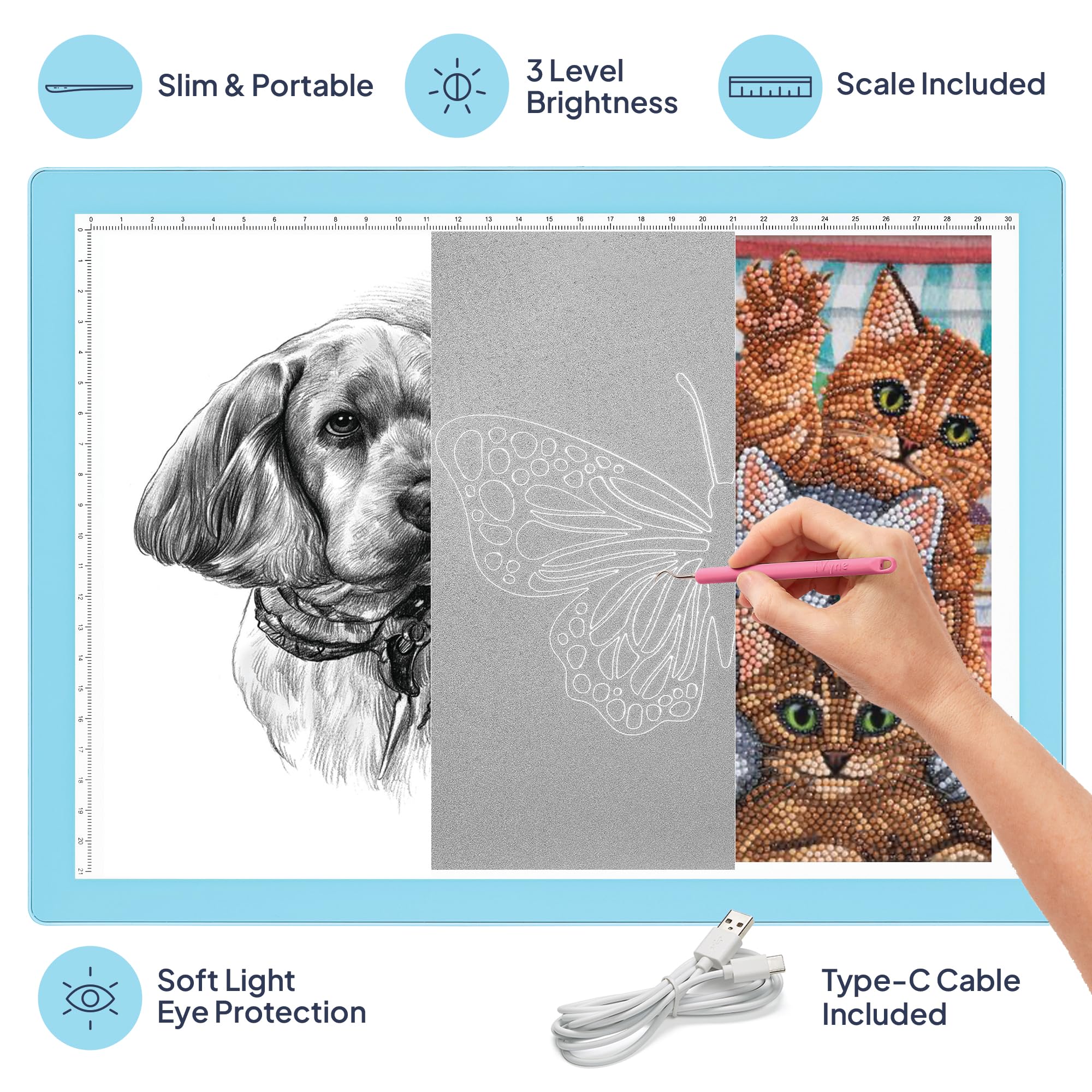 iVyne Przewodowa podkładka świetlna do pielenia winylu, A4 Light Box do śledzenia i rysowania, tablica świetlna do śledzenia - pudełko świetlne do malowania diamentowego, pielenia winylu, szkicowania